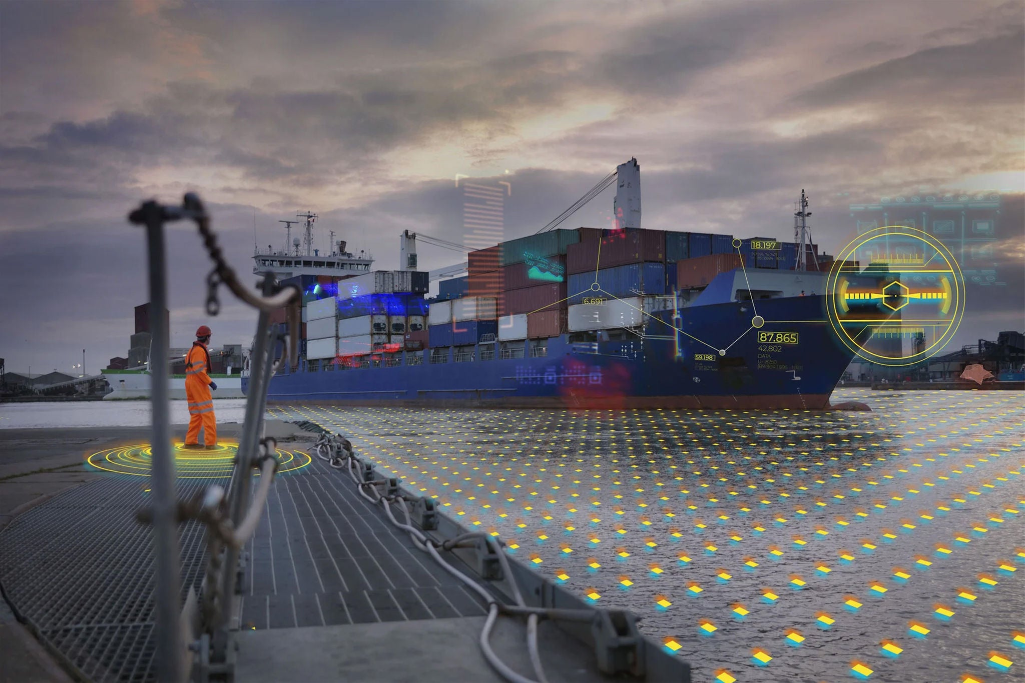 Port worker watching ship coming into port