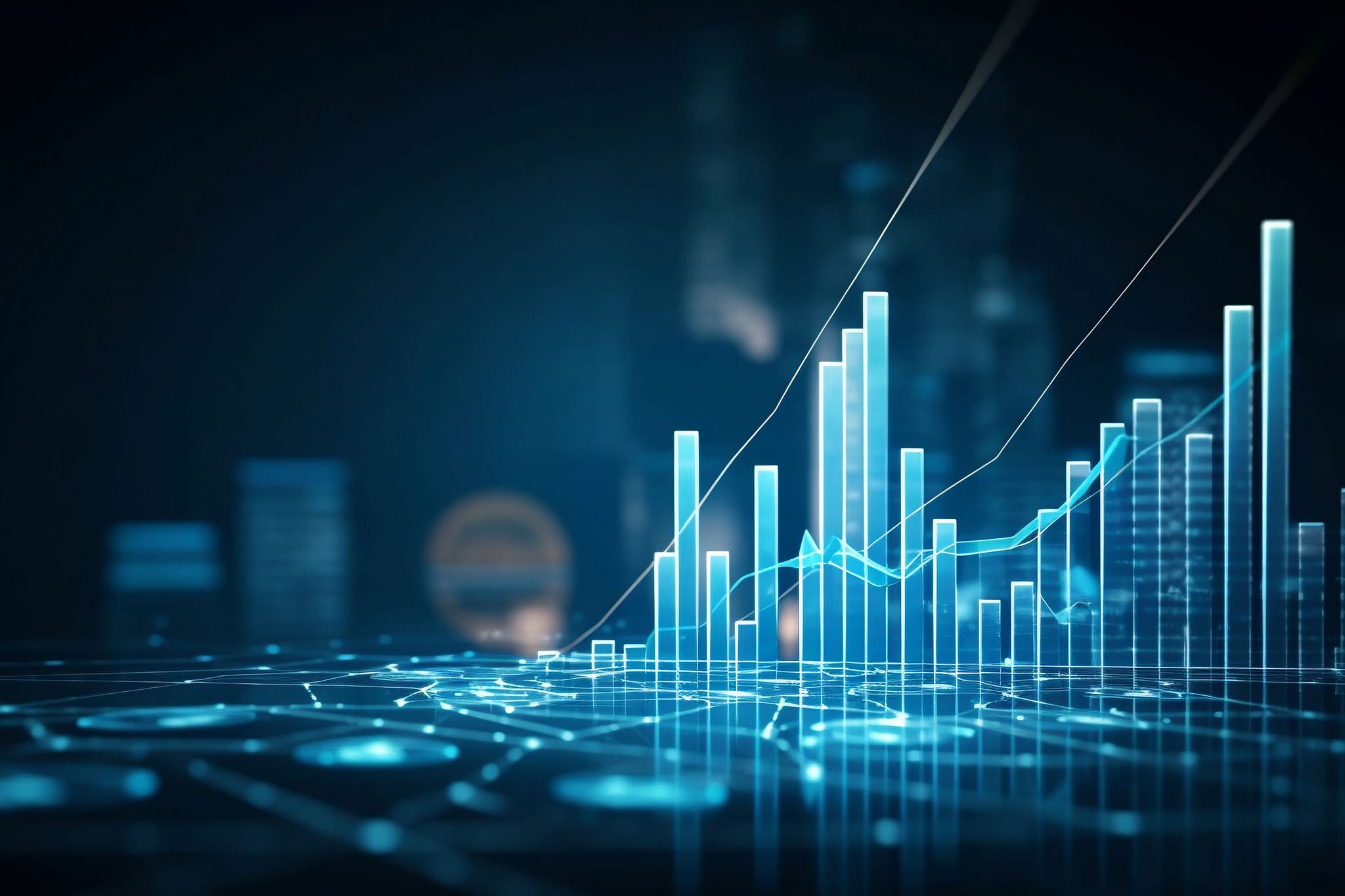 Digitaalinen 3D-pylväsdiagrammi, jossa on hehkuvia sinisiä palkkeja ja nousevia trendiviivoja, edustaa data-analyysia