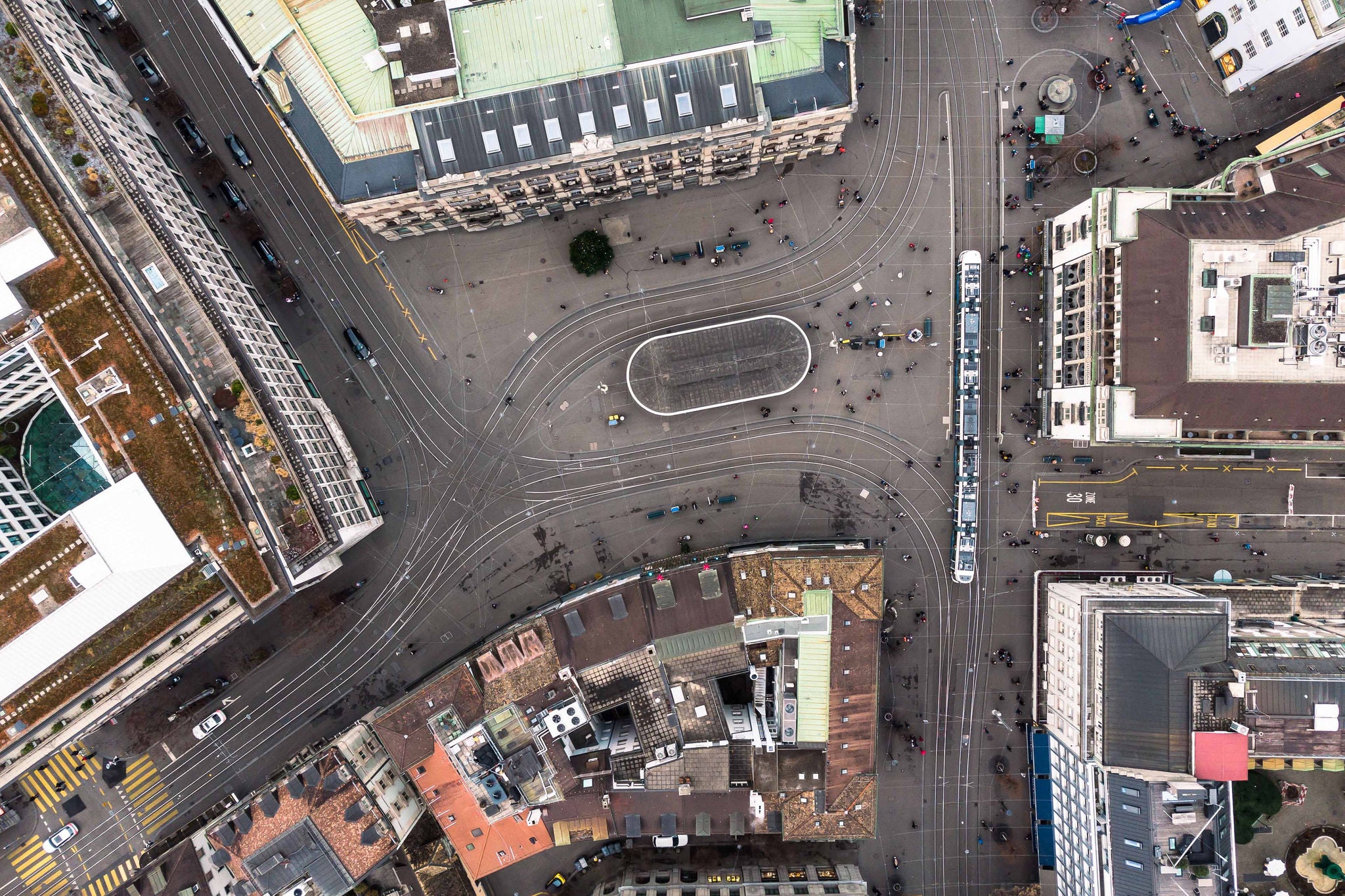 Zurich, Switzerland: Aerial top down view  Zurich business and financial district centered around the Paradeplatz square and the old town in Switzerland largest city.