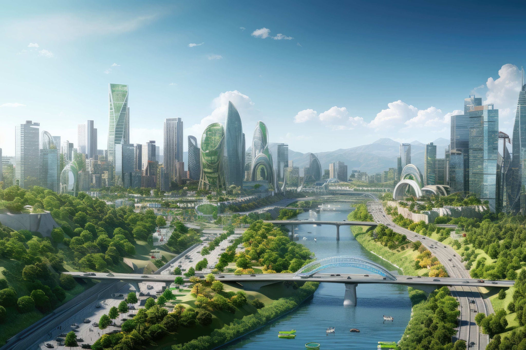 Landscape image of bridge with an industrial backdrop