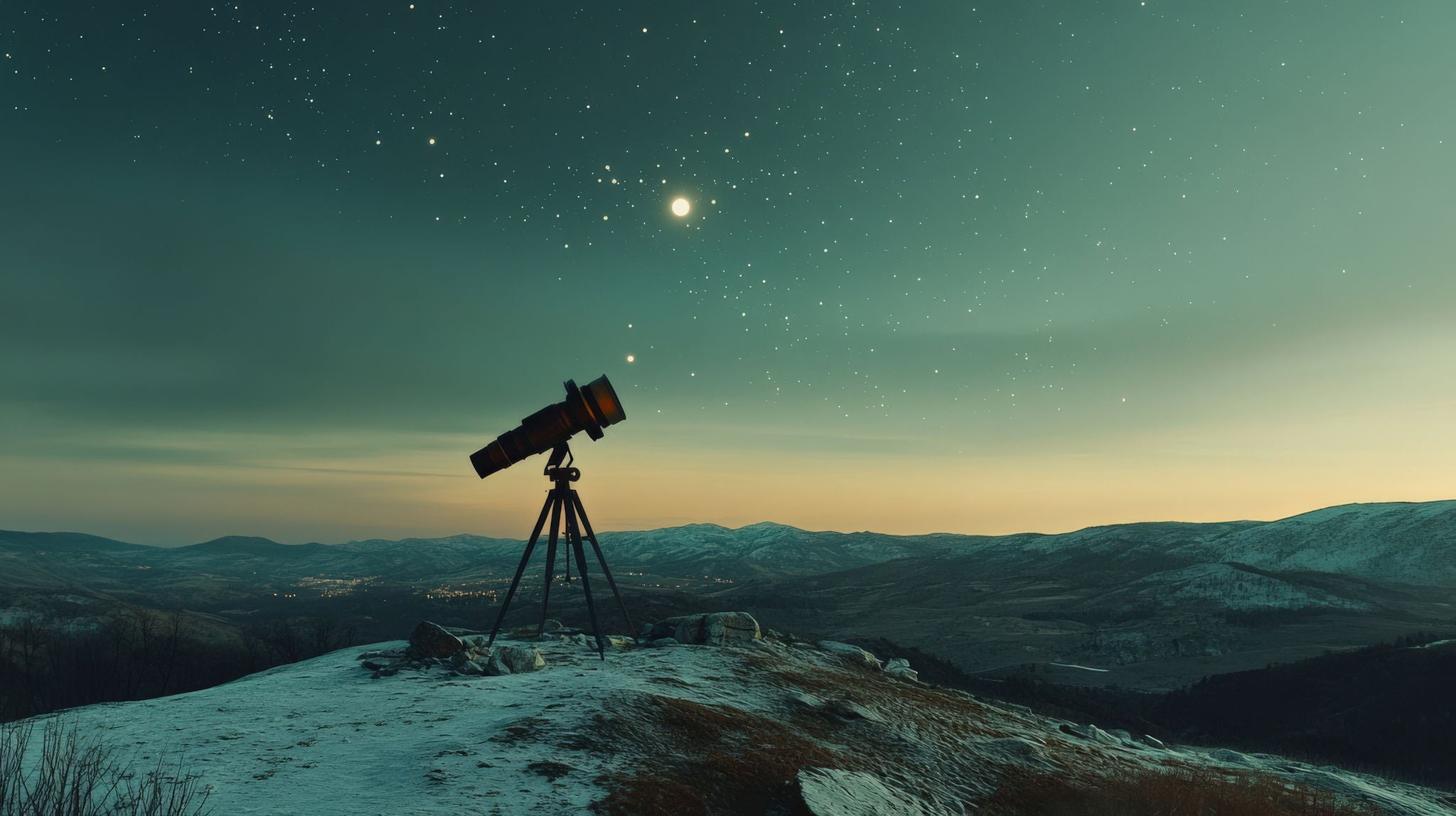 Teleskop auf einem verschneiten Hügel vor einem Sternenhimmel über einer Berglandschaft.
