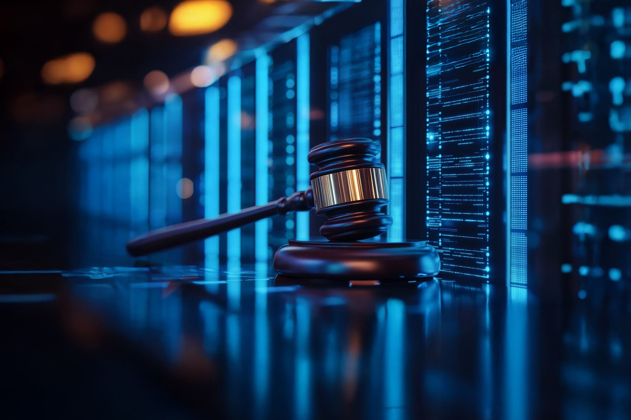 A solitary gavel rests on a beautifully polished desk that stands in front of cuttingedge AI servers, symbolizing the crucial and important link between law and technology in our modern society