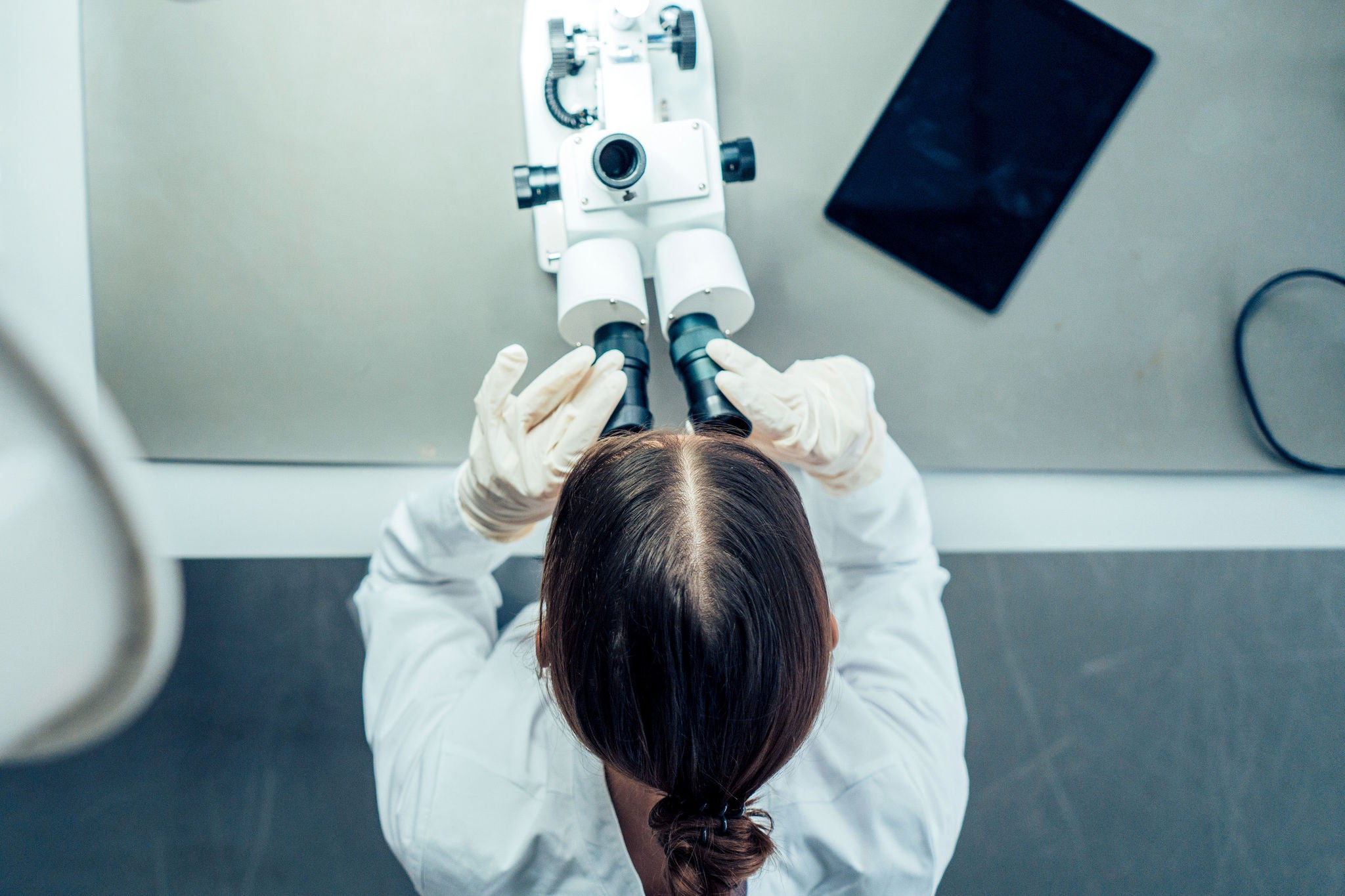 Eine junge Wissenschaftlerin sieht durch ein Mikroskop bei der Arbeit im Labor.