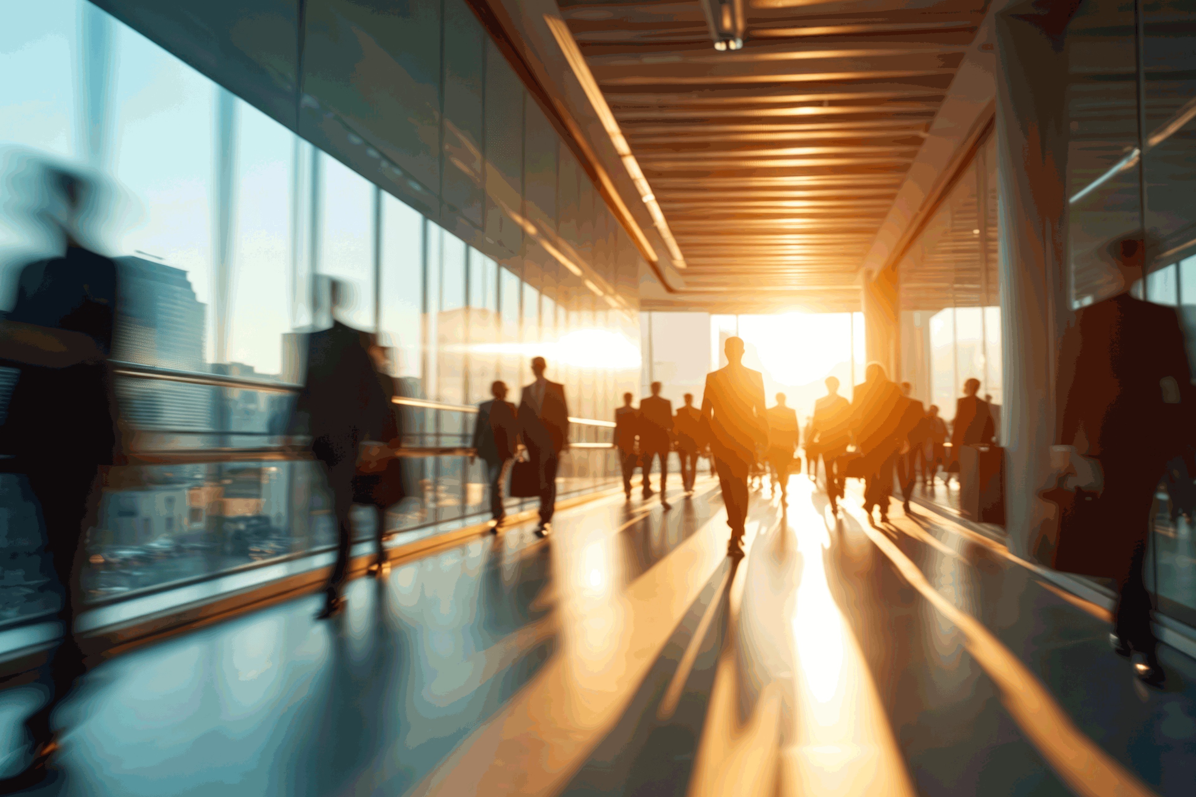 Menschen gehen durch einen sonnendurchfluteten Büroflur und erzeugen dynamische Bewegungsunschärfen.