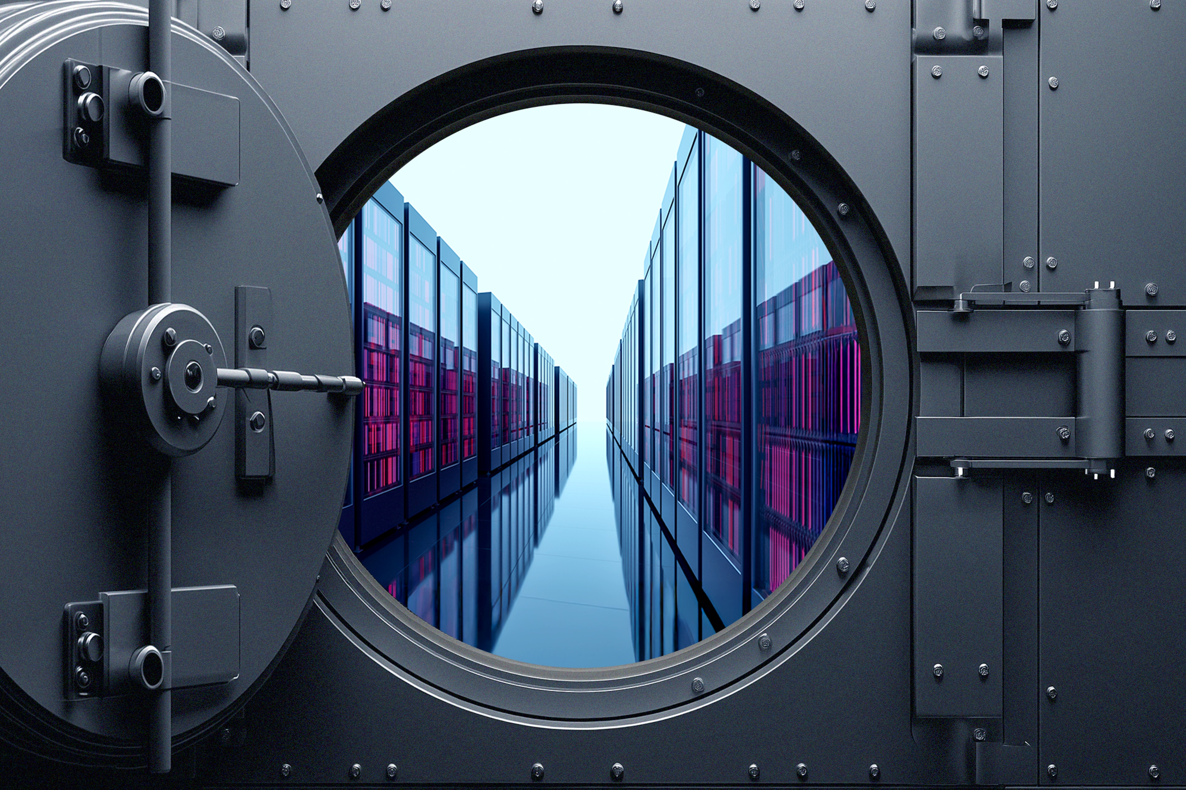 Offene schwere Tresortür enthüllt einen langen spiegelnden Glasgang mit blauen und violetten Elementen im klaren Licht