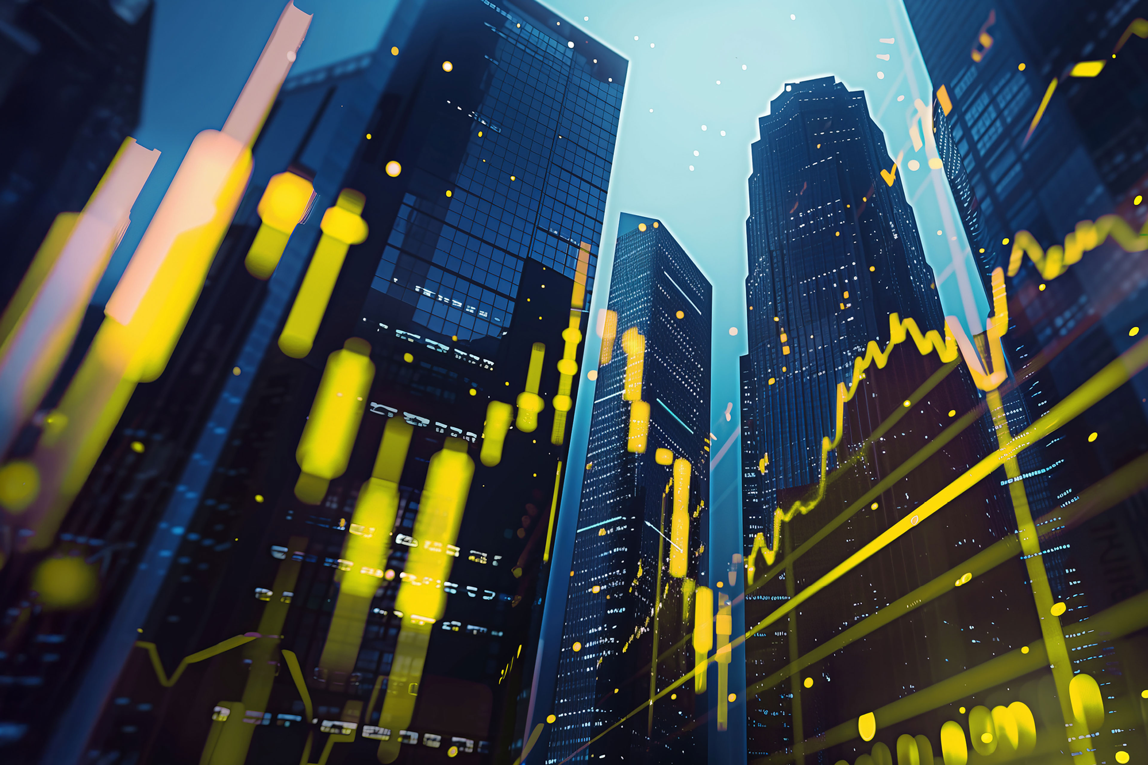 Modern skyscrapers overlaid with yellow economic data and candlestick patterns