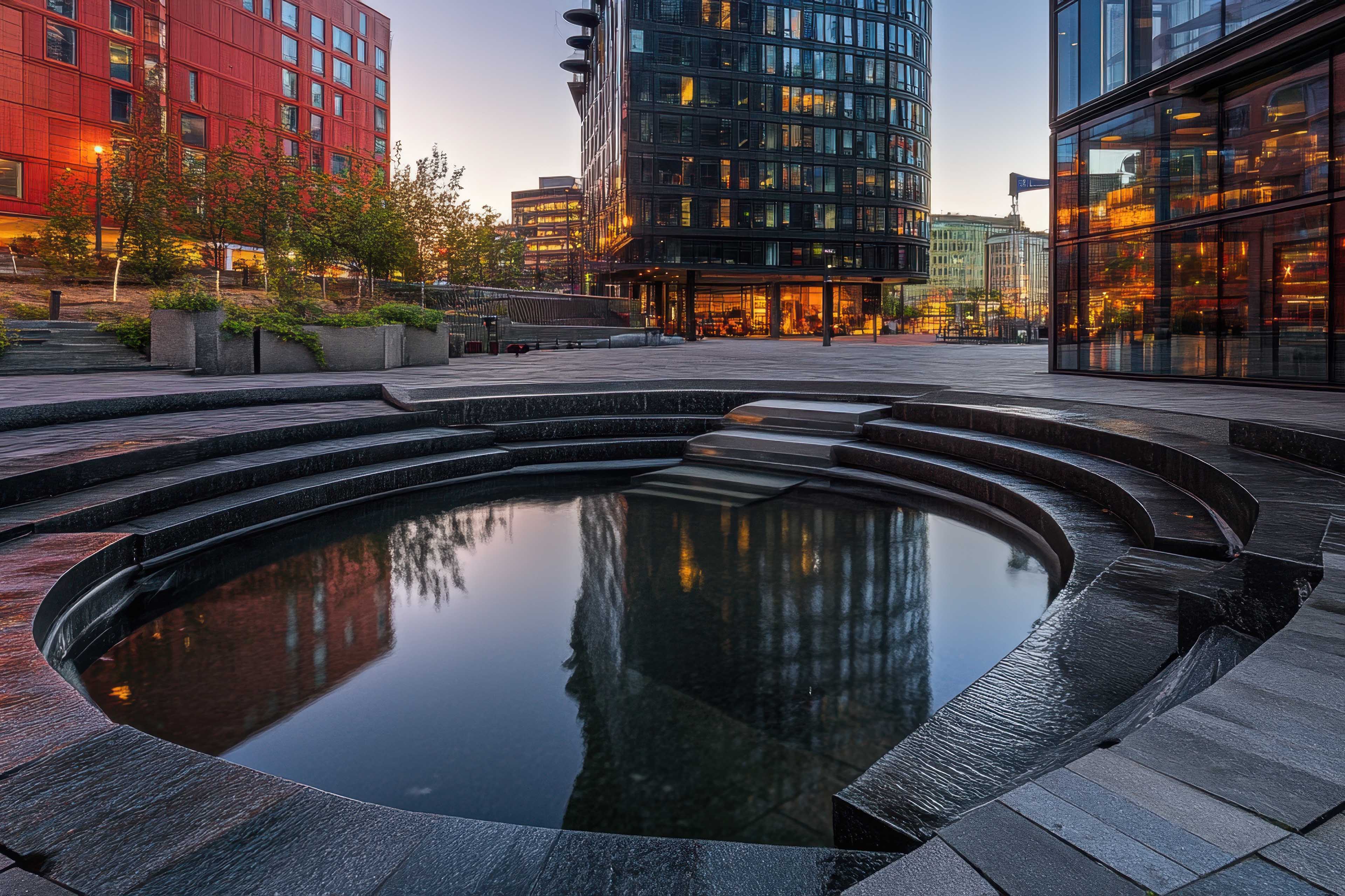 A beautifully designed public square in Helsinki with clean streets and modern buildings.