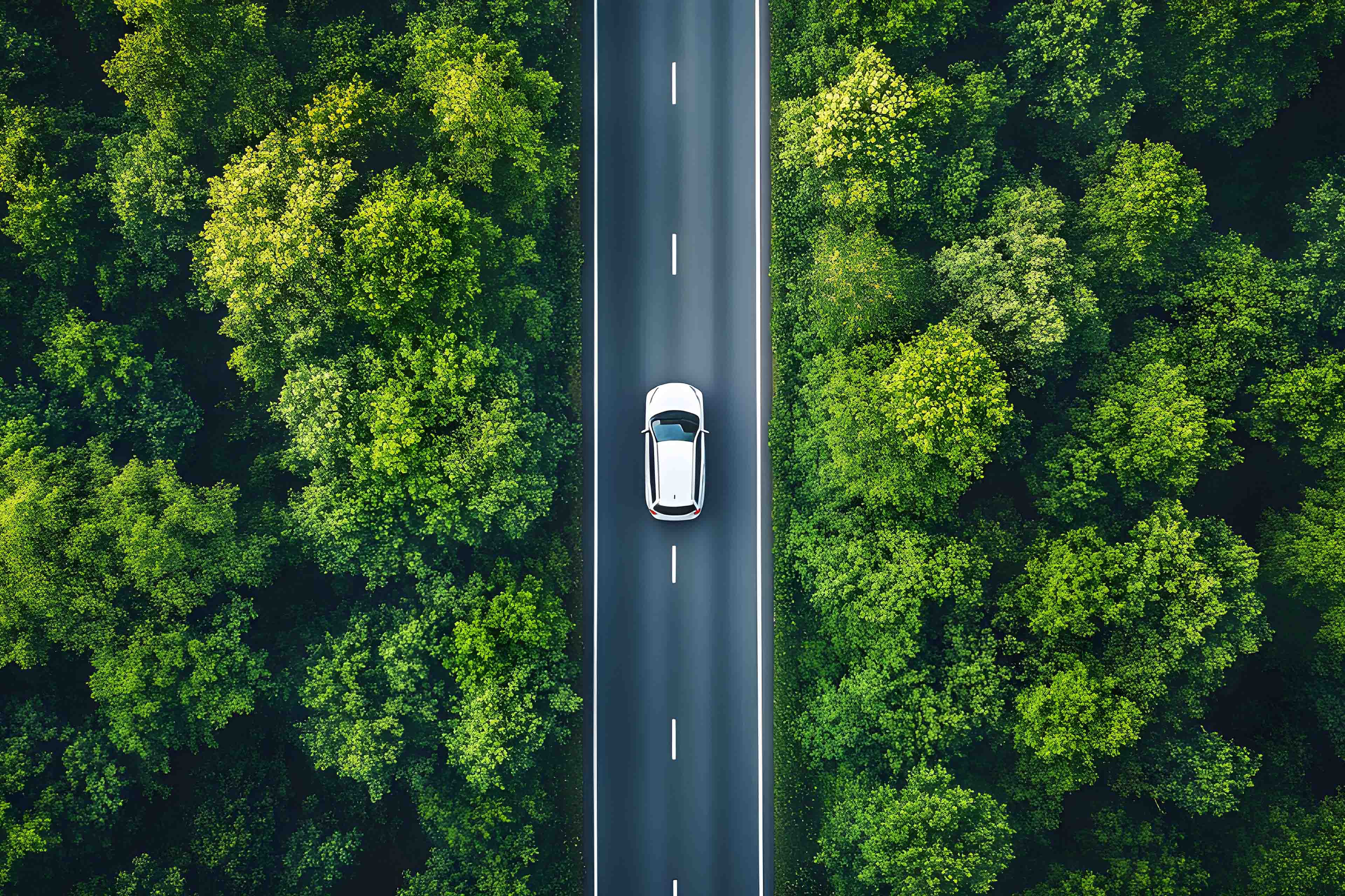 A car moving along a road in the forest