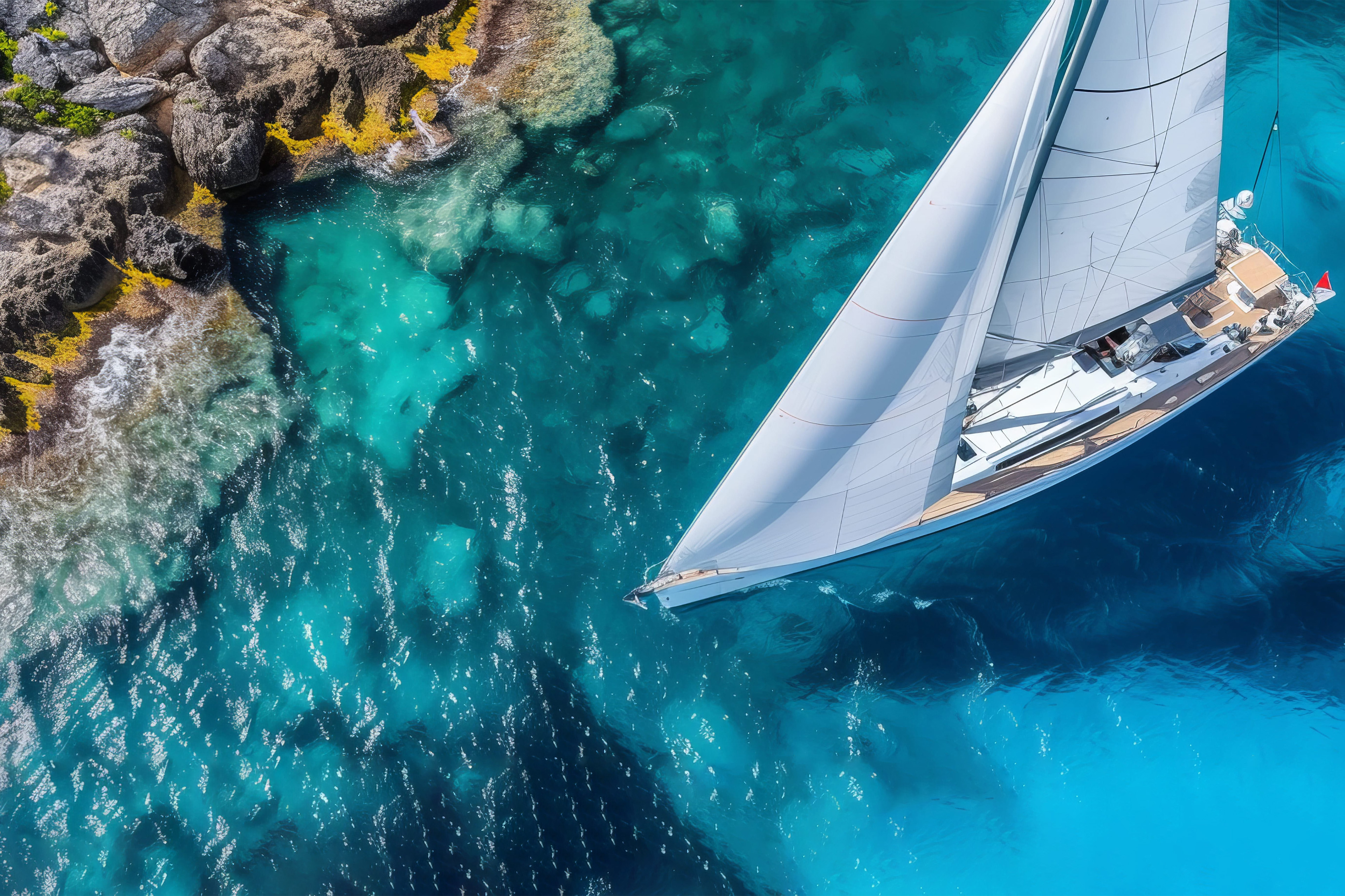 Sailing yacht regatta with white sails on high seas, windy state