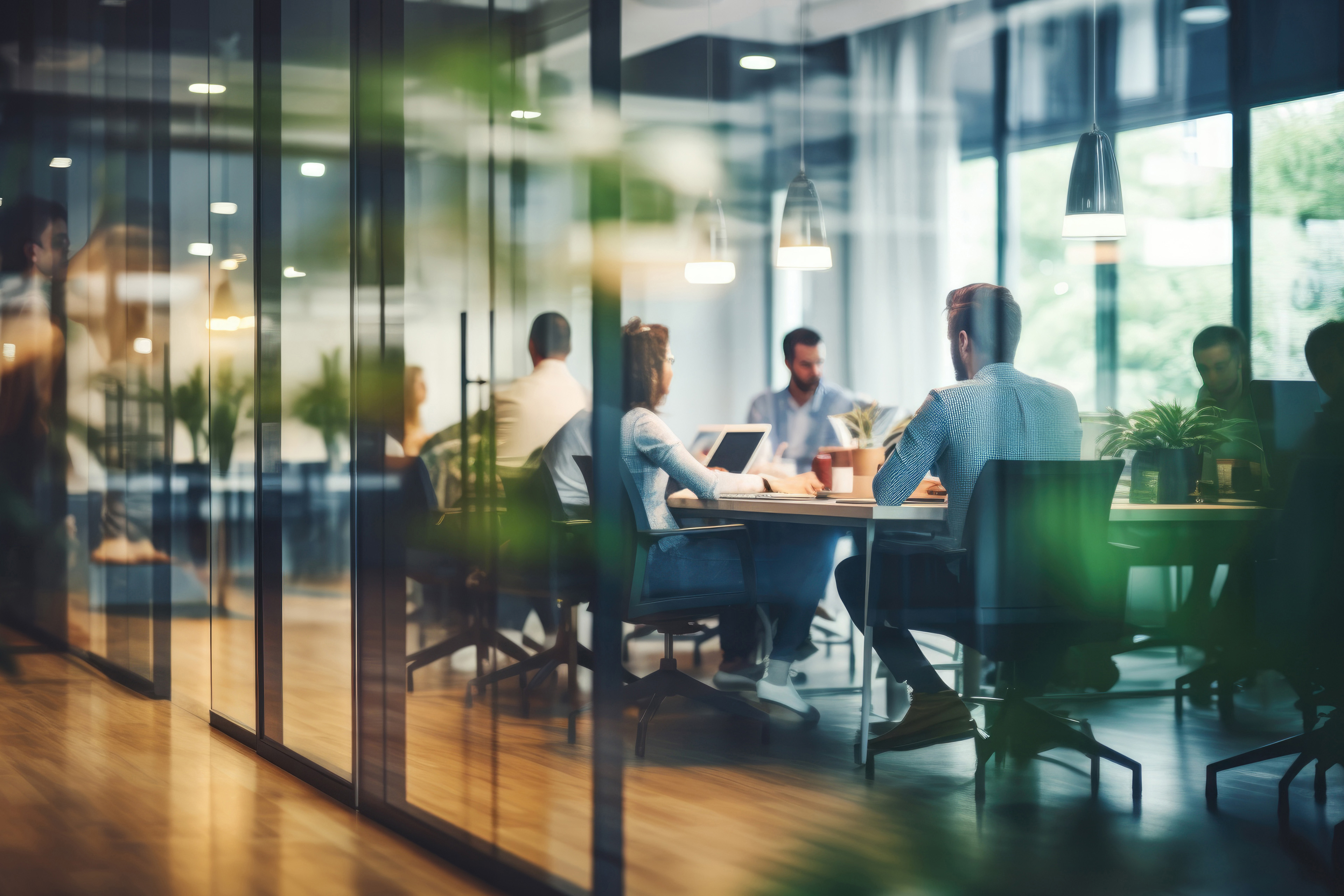 Business office with blurred people casual wear, with blurred bokeh background