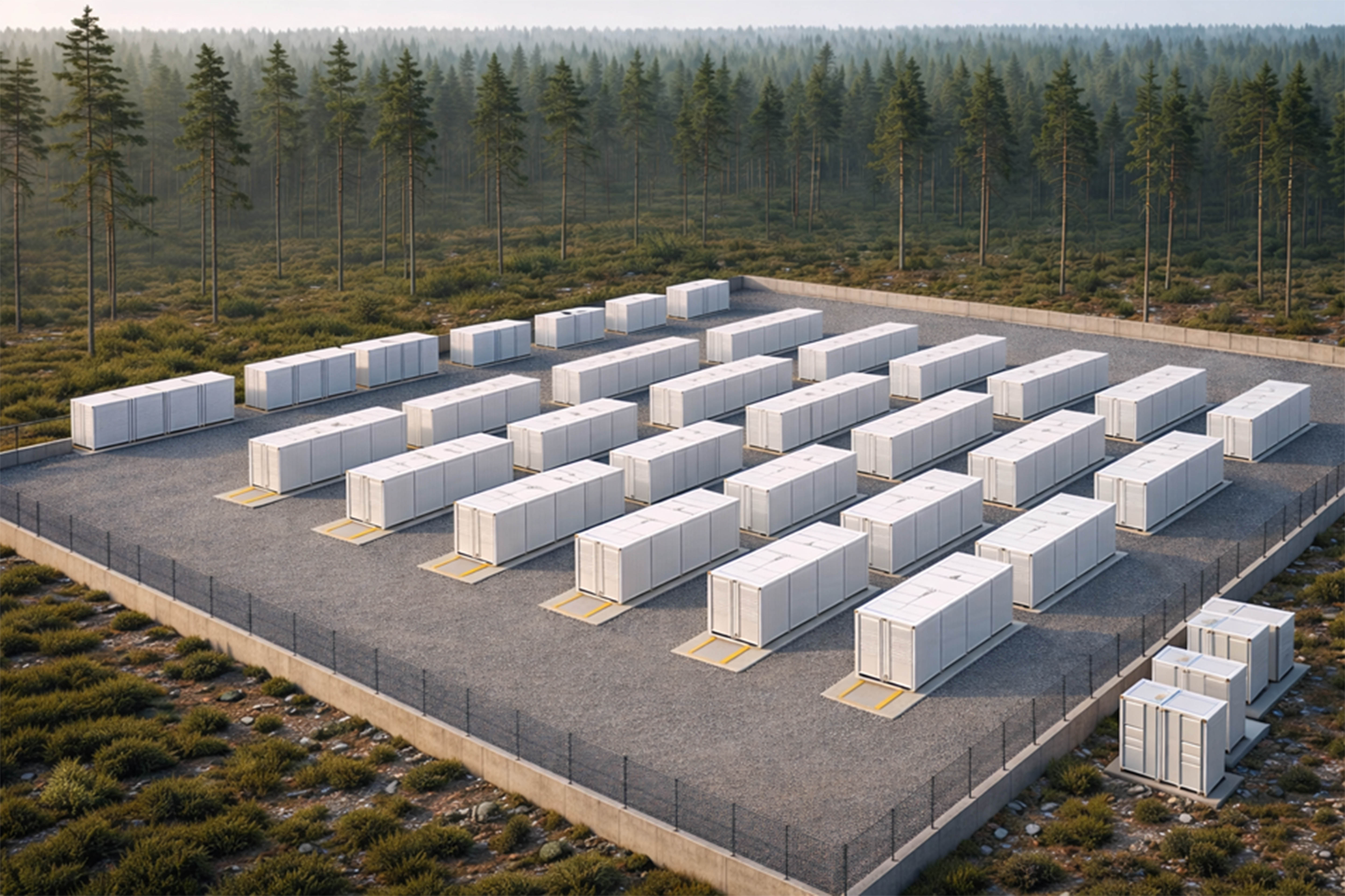 Multiple battery energy storage containers installed in misty woods.