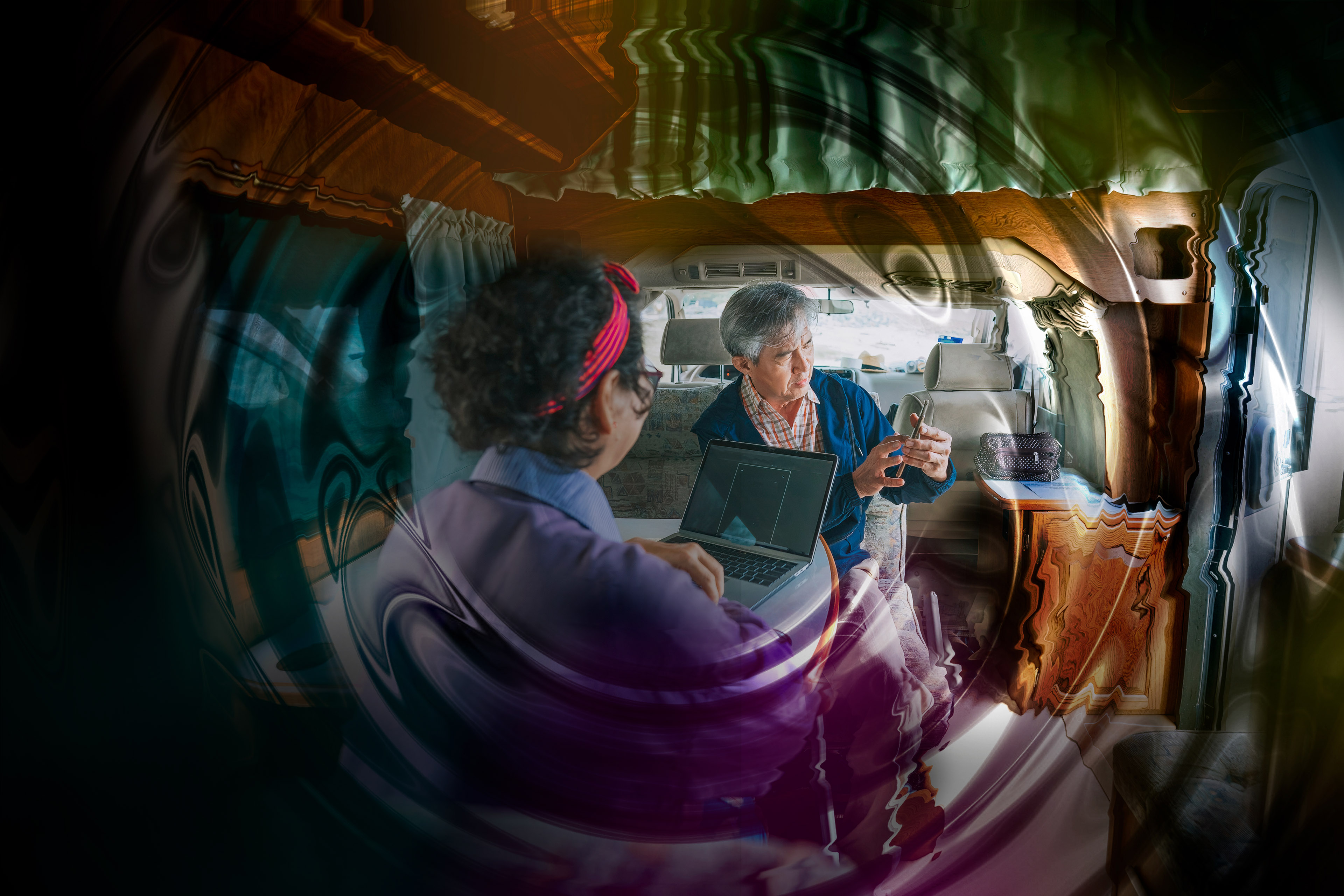 asian chinese senior couple video call their family ripples overlay