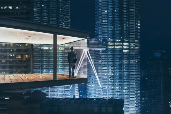 Businessman Modern Office Night City Skyline