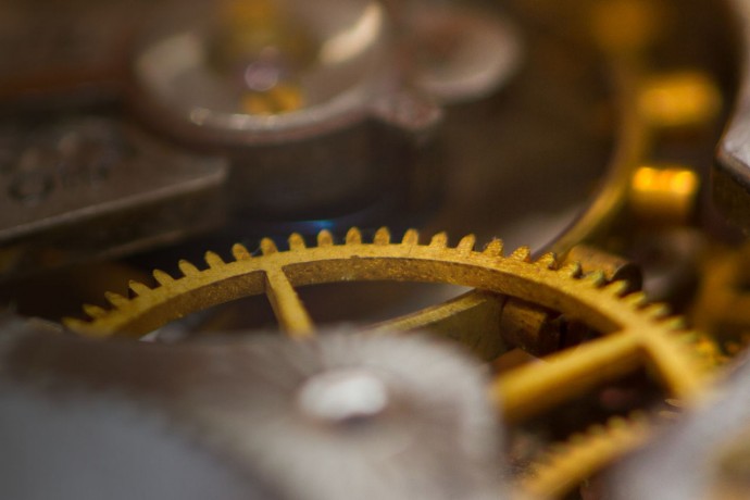 Closeup of a vintage mechanical clockwork