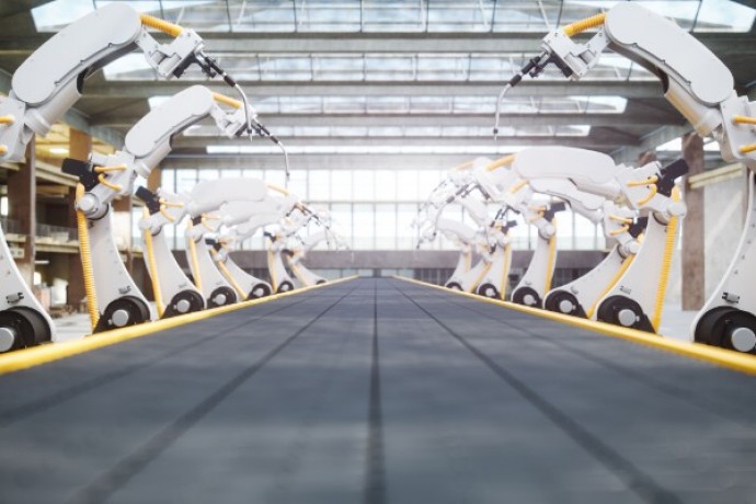 Welding Robots And Conveyor Belt In Automated Factory