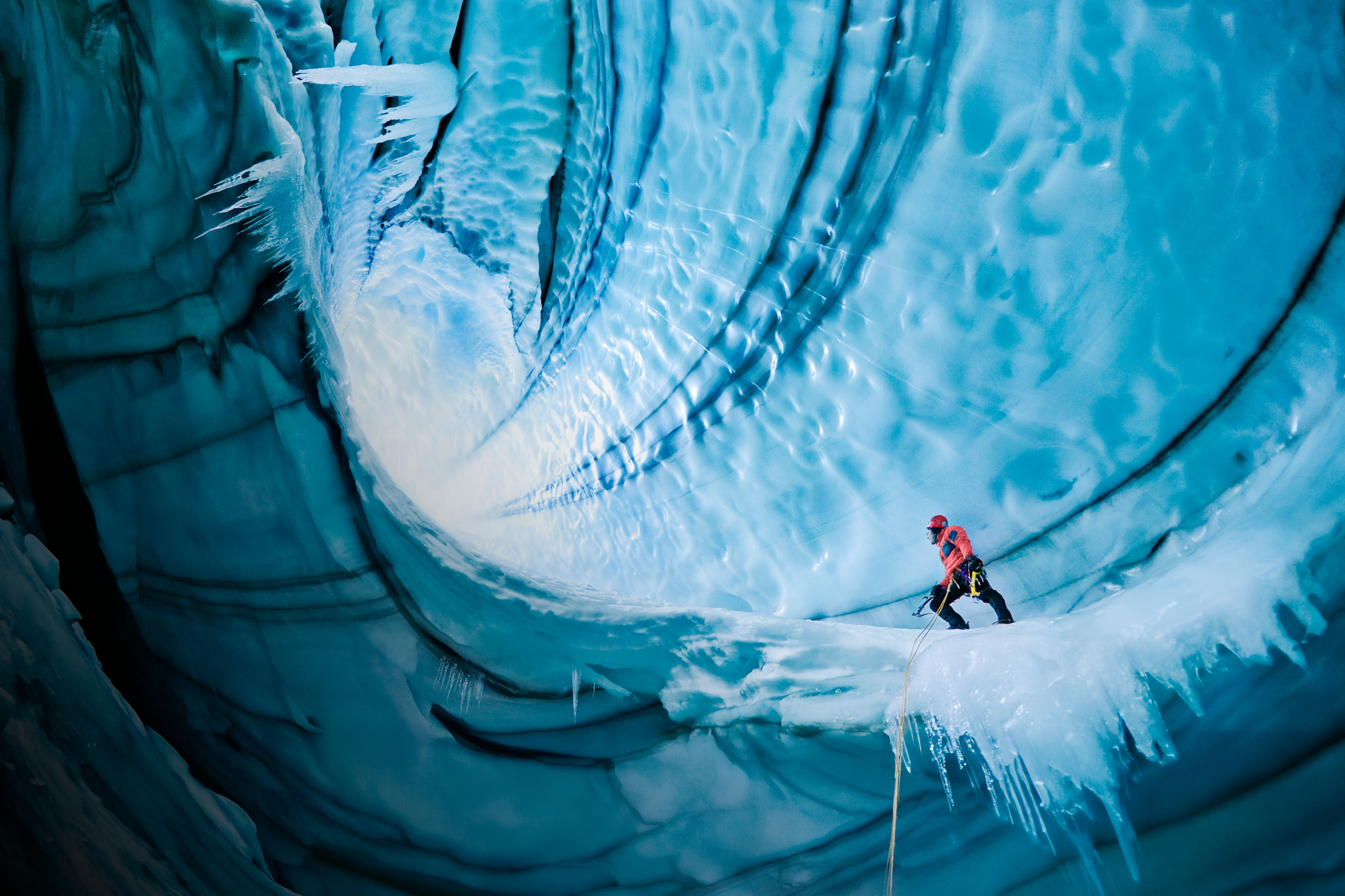 Langjokull Glacier, Iceland. Caves are formed from either hot springs underneath glacier or meltwater from surface
