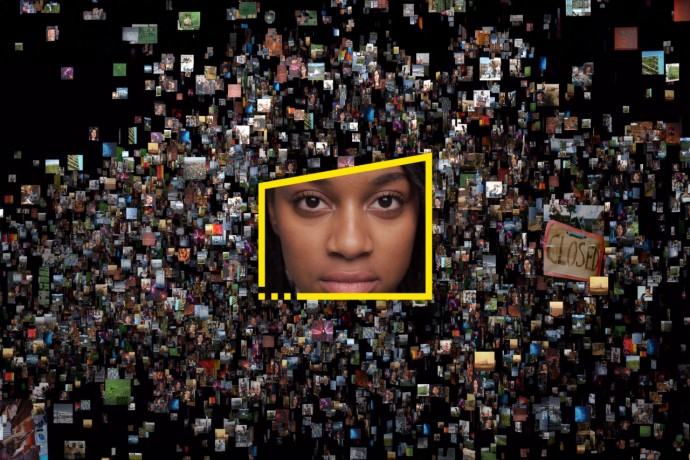 A mosaic of smaller images surrounding a larger centered image of a person's face