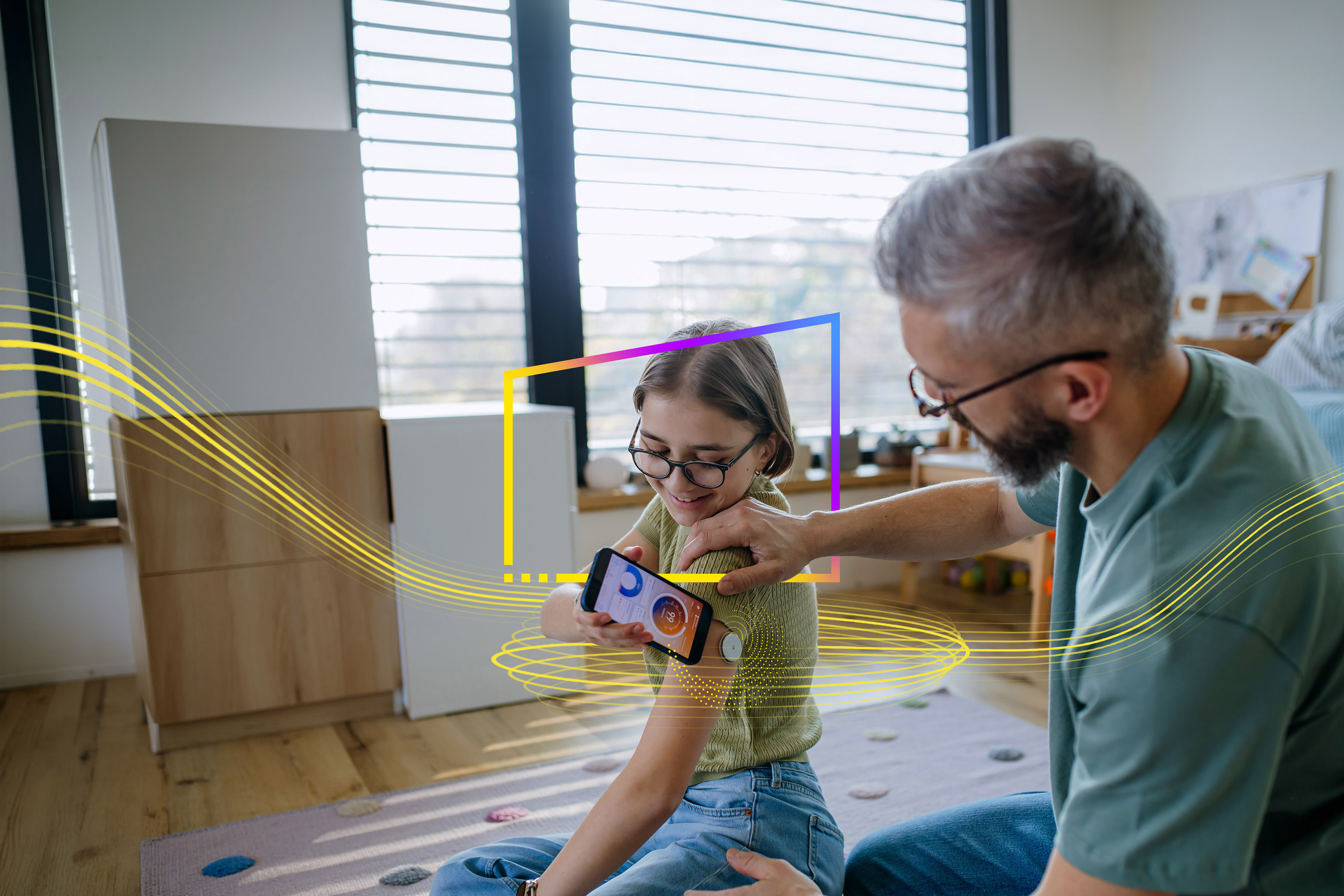 Diabetic girl with a glucose sensor on her arm taking reading