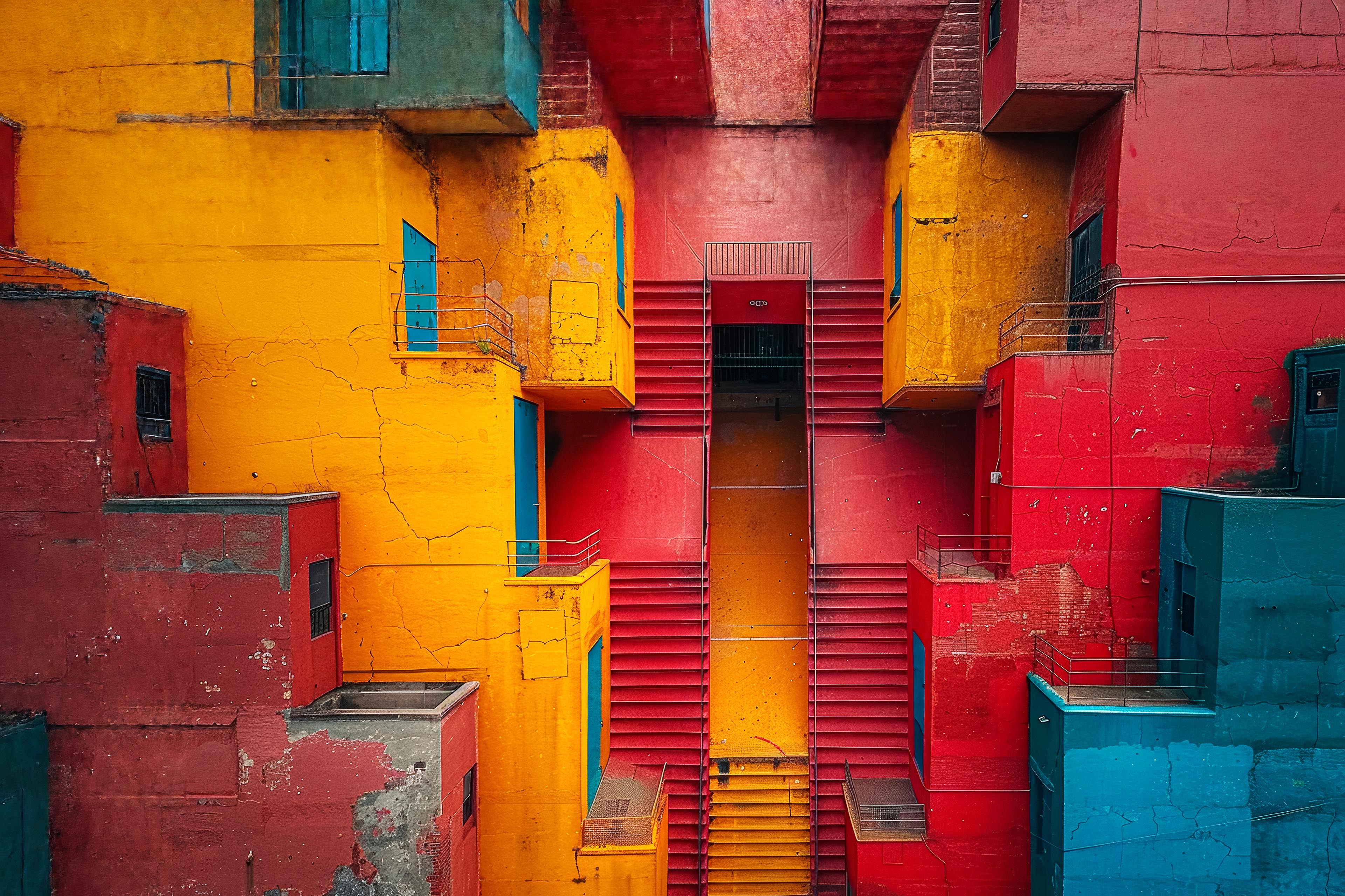 Symmetrical staircase flanked by colorful red yellow and blue buildings