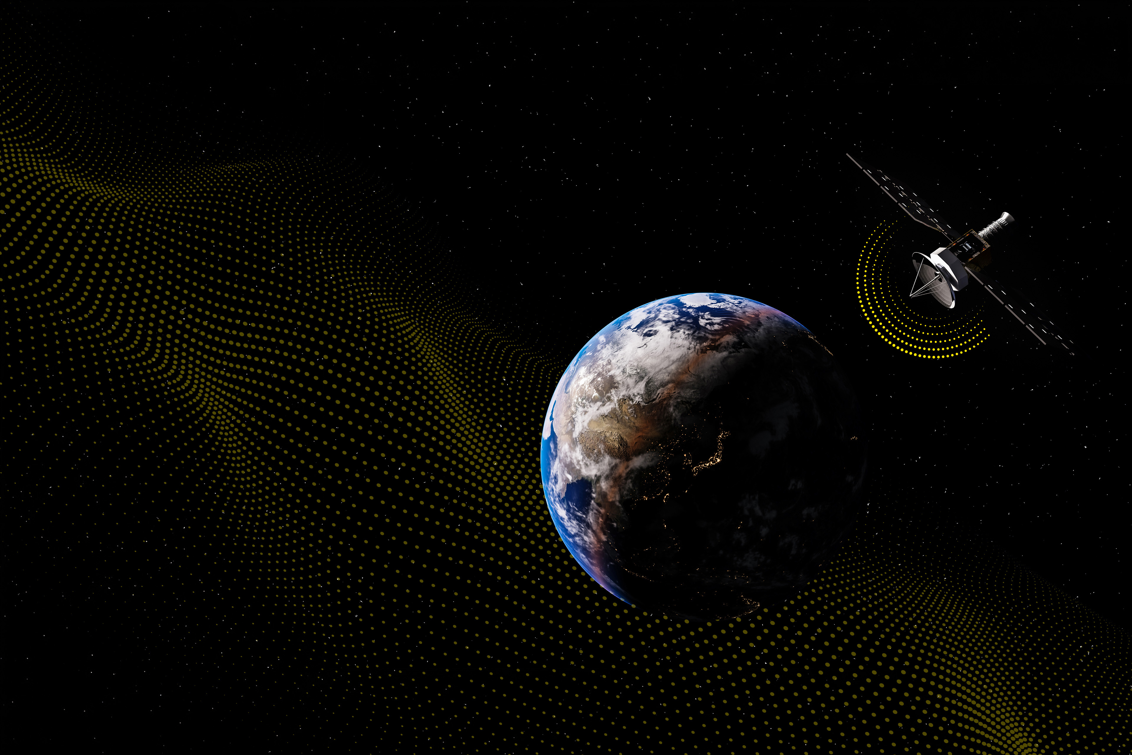 Computer-generated view of a satellite orbiting Earth
