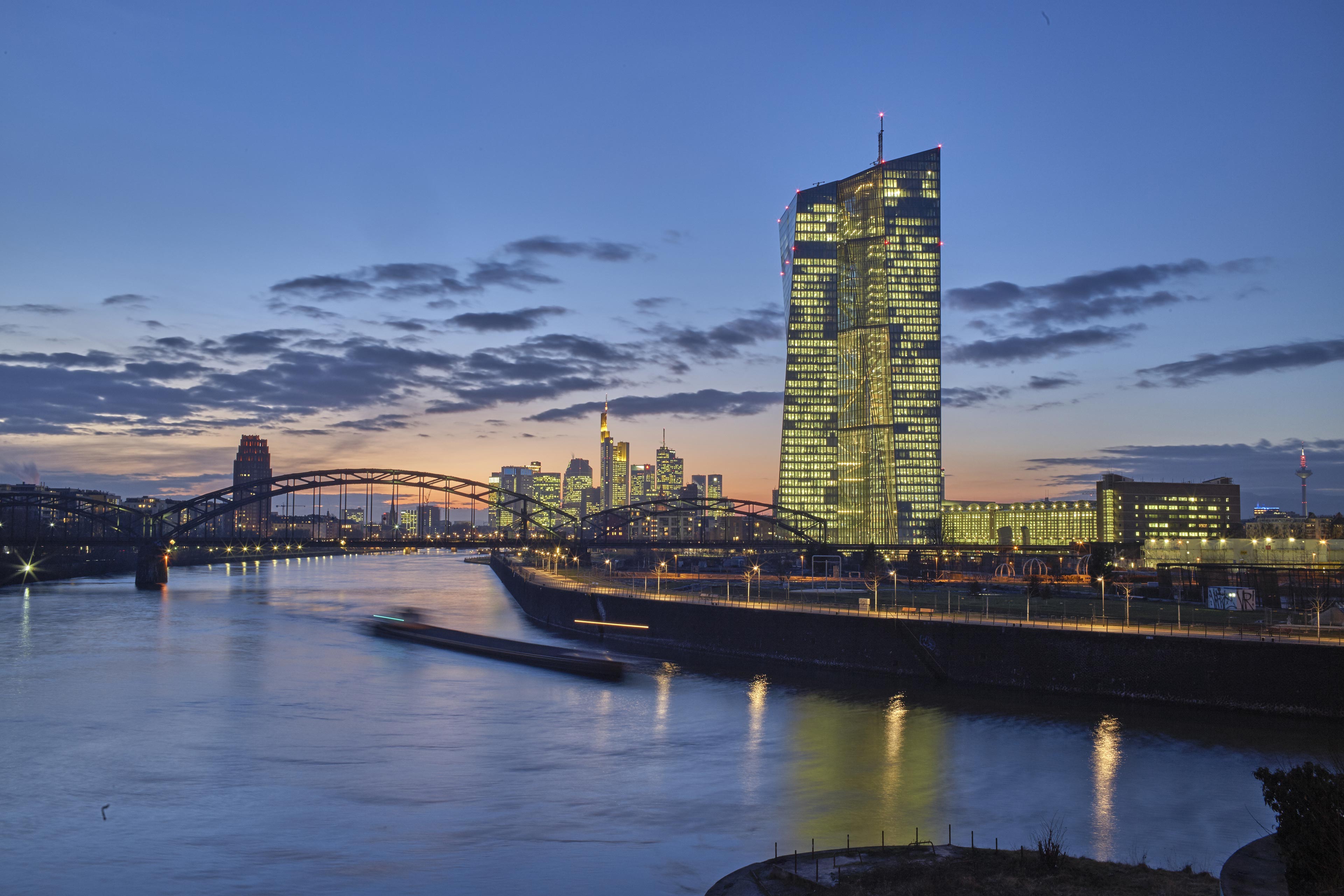 European Central Bank ECB with banks Skyline