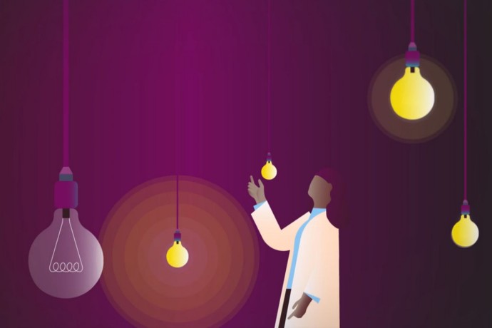 Graphic of figure in lab coat holding a light bulb