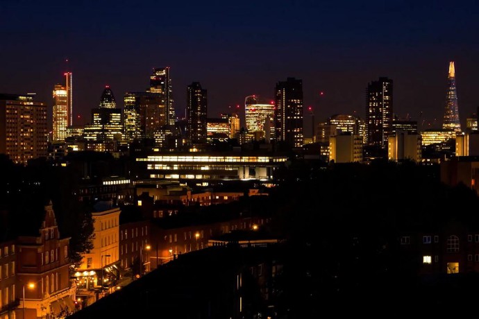 Still shot of video opening frame - city skyline at night