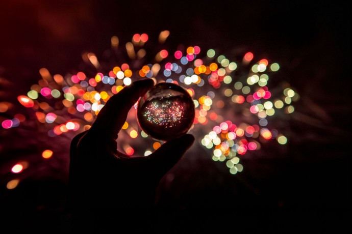 Fireworks seen through a crystal ball