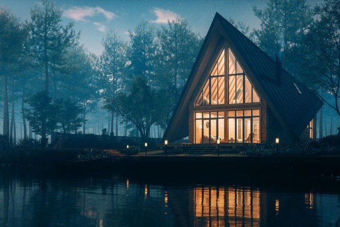 Triangular modern lake house in misty forest