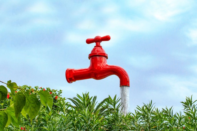 Looking up at a large red flowing tap outdoors