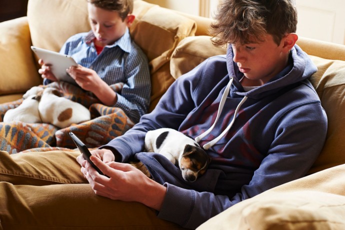 Boys digital tablet cell phone puppies laps