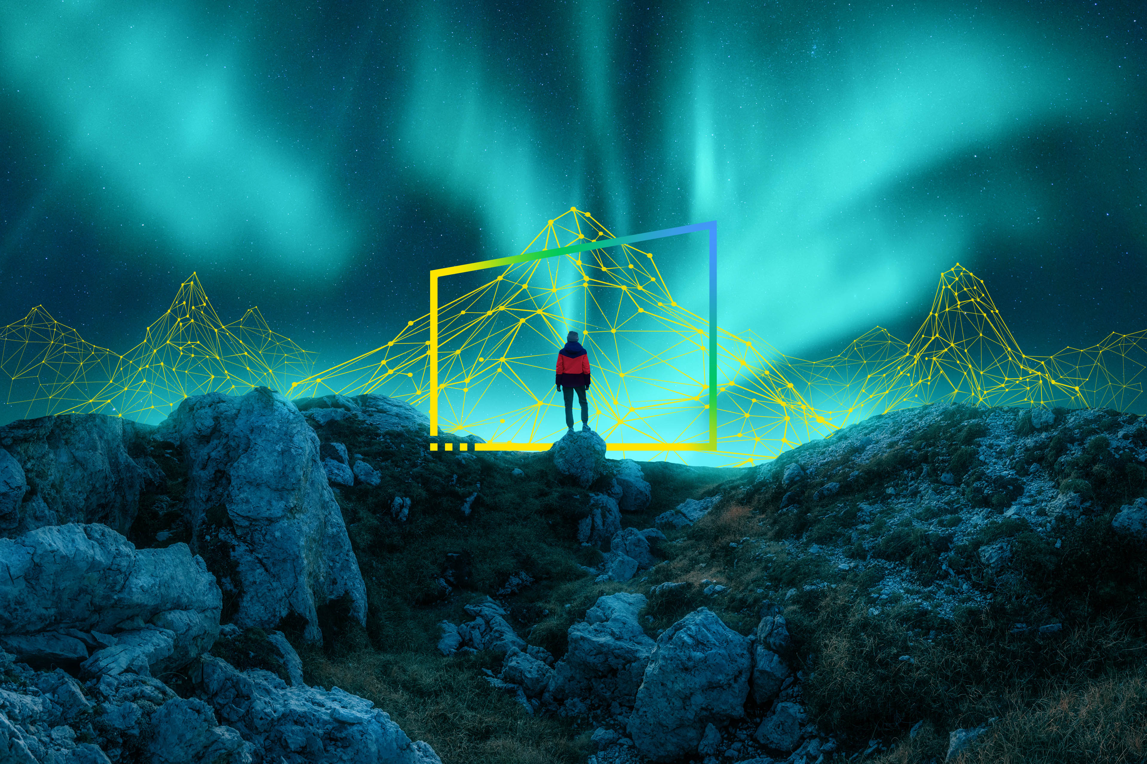 Northern lights, stones and silhouette of alone girl on mountain trail