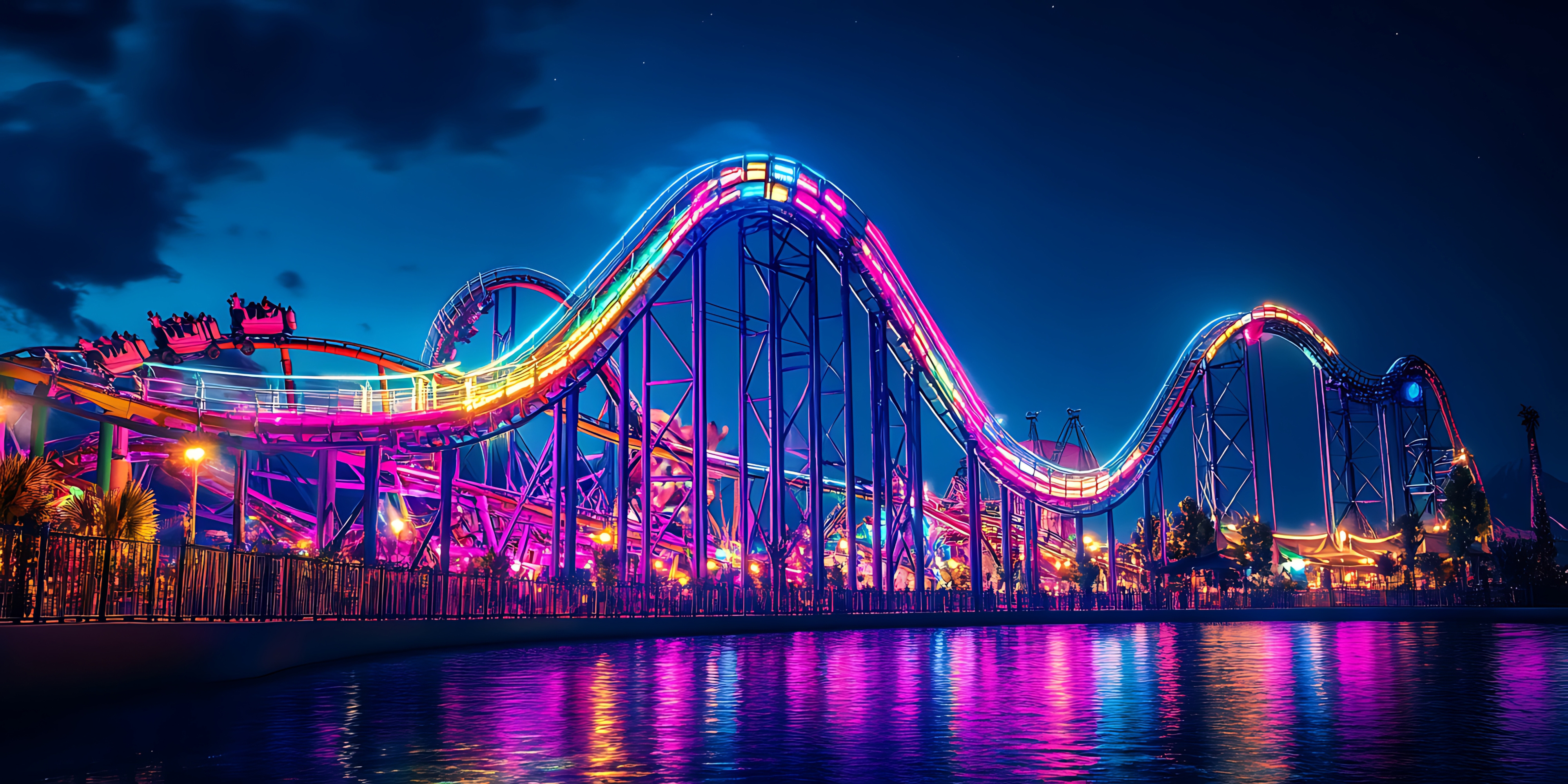 Vibrant Roller Coaster Theme Park Night with Colorful Lights