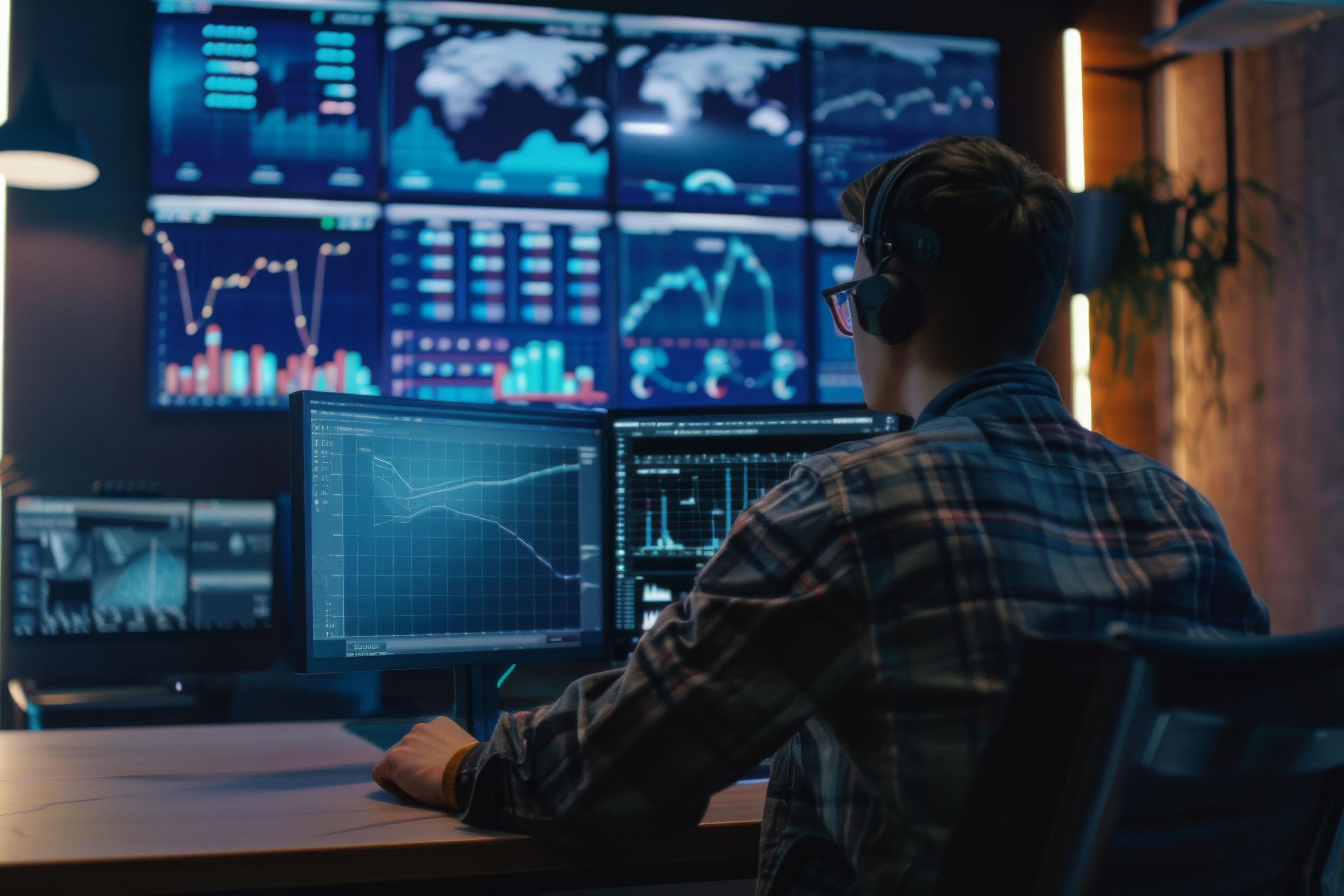Analyst reviewing real-time data and risk metrics across multiple digital dashboards