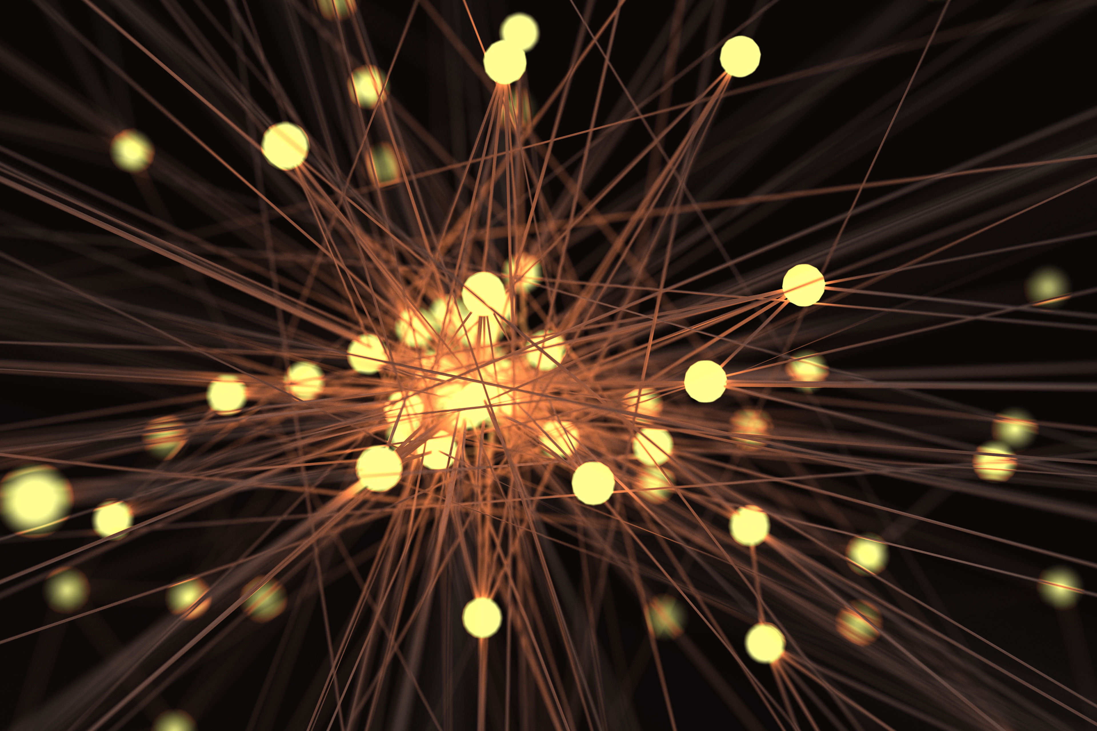 Abstract glowing nodes linked by fine lines, resembling data flow or neural connections on a background