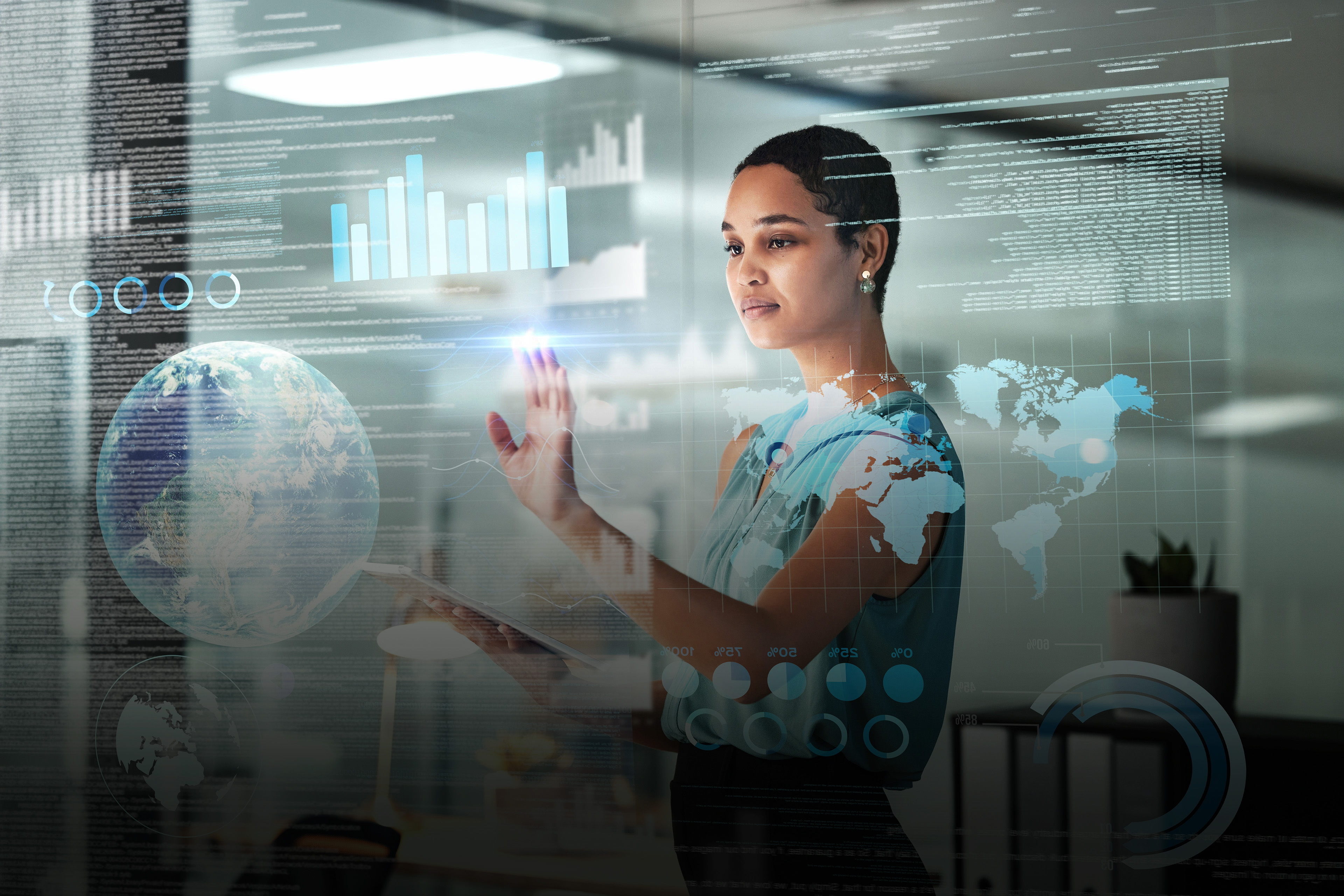 Black businesswoman with tablet working with global network overlay on a 3d hologram