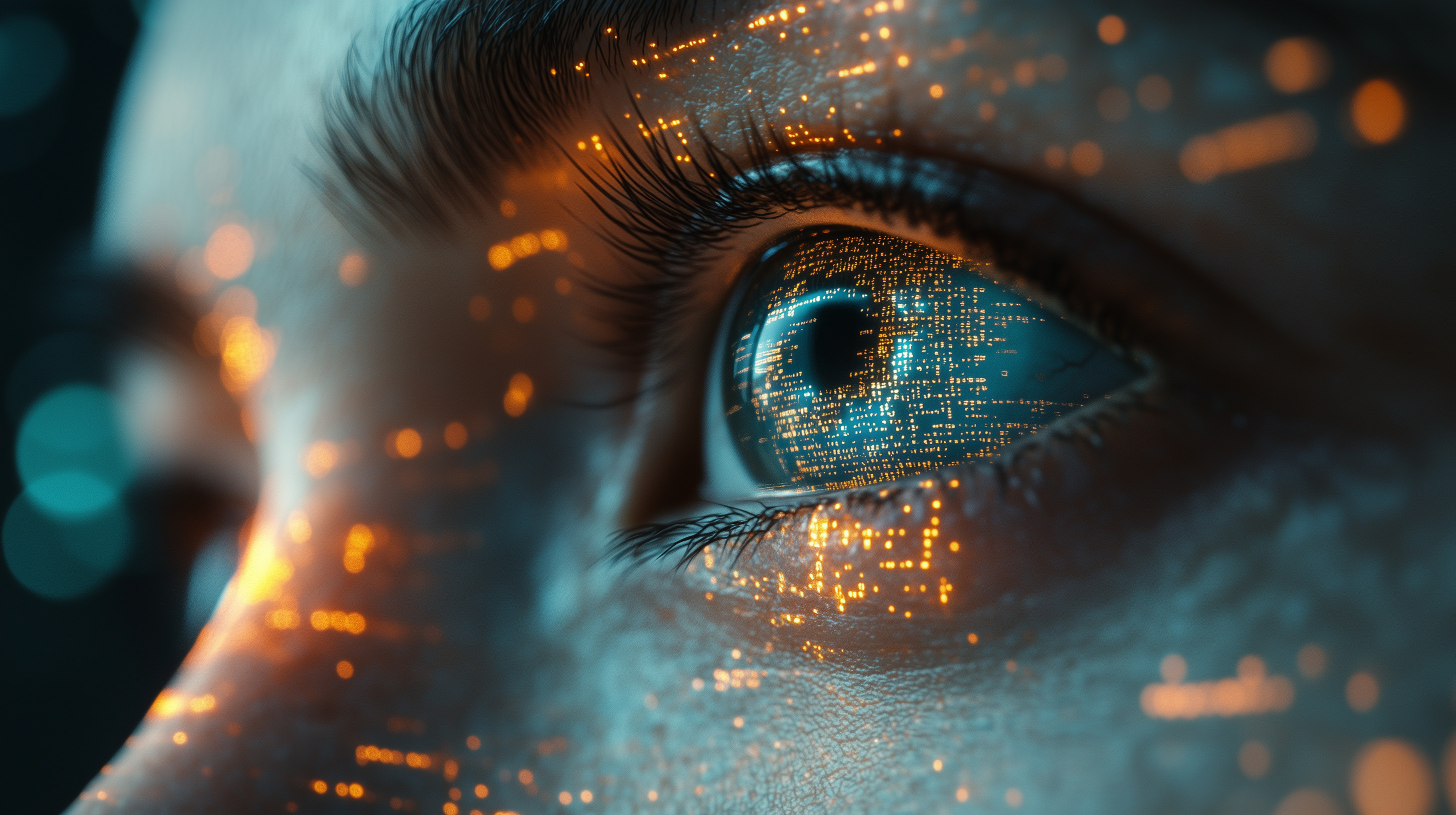 Close-up of woman’s profile with digital data overlay, blending human features with futuristic AI technology.