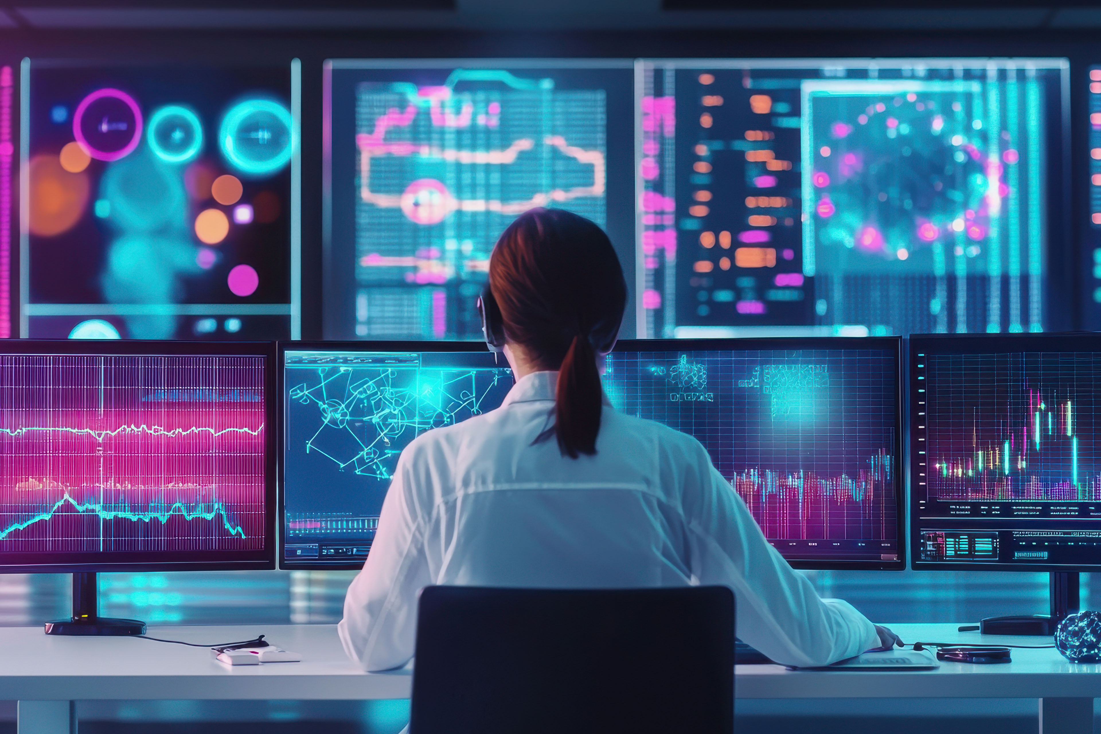 Data scientist analyzing complex datasets with colorful charts and AI models in a high‑tech office.
