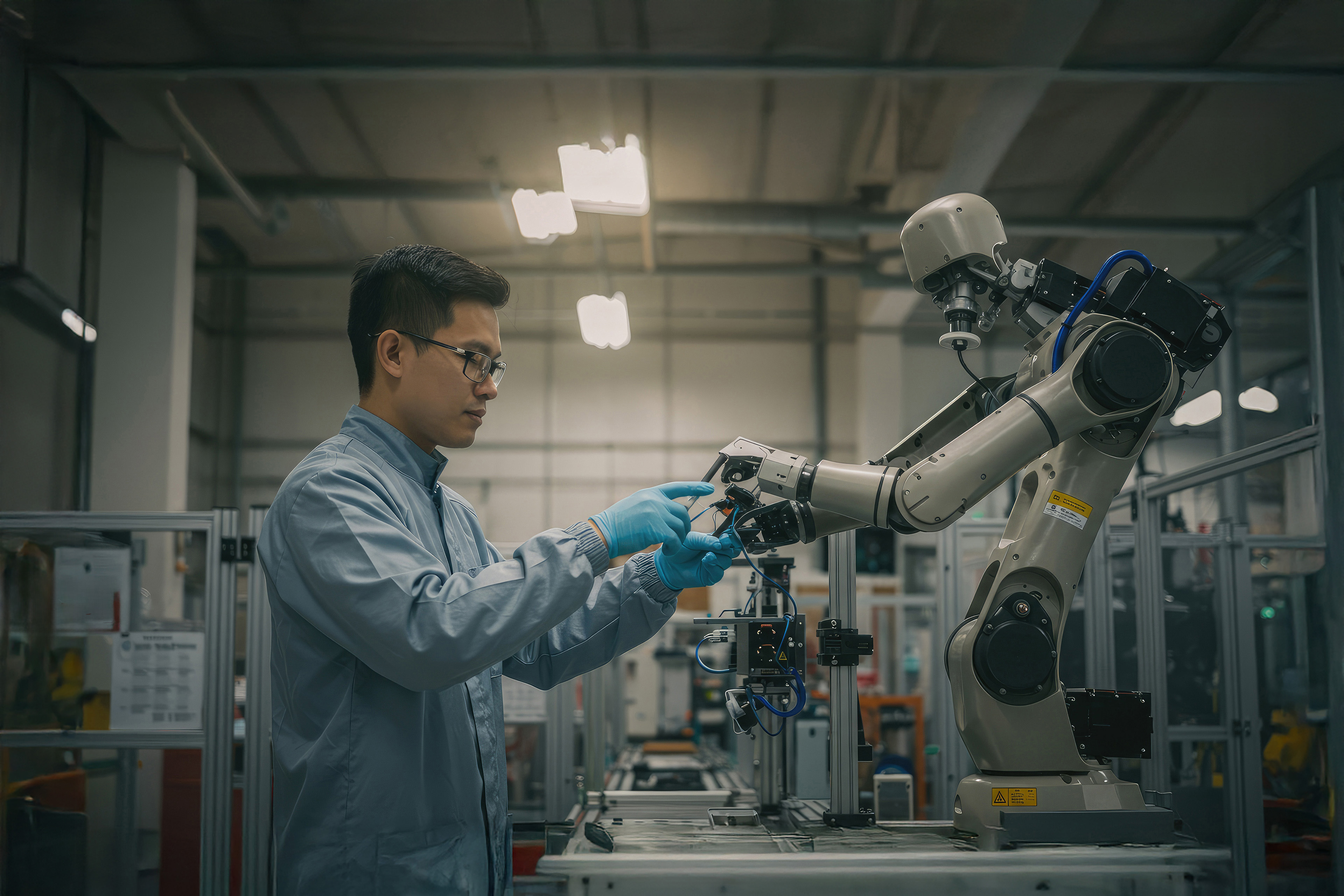 Technician in blue scrubs works with an industrial robotic arm in a modern factory.