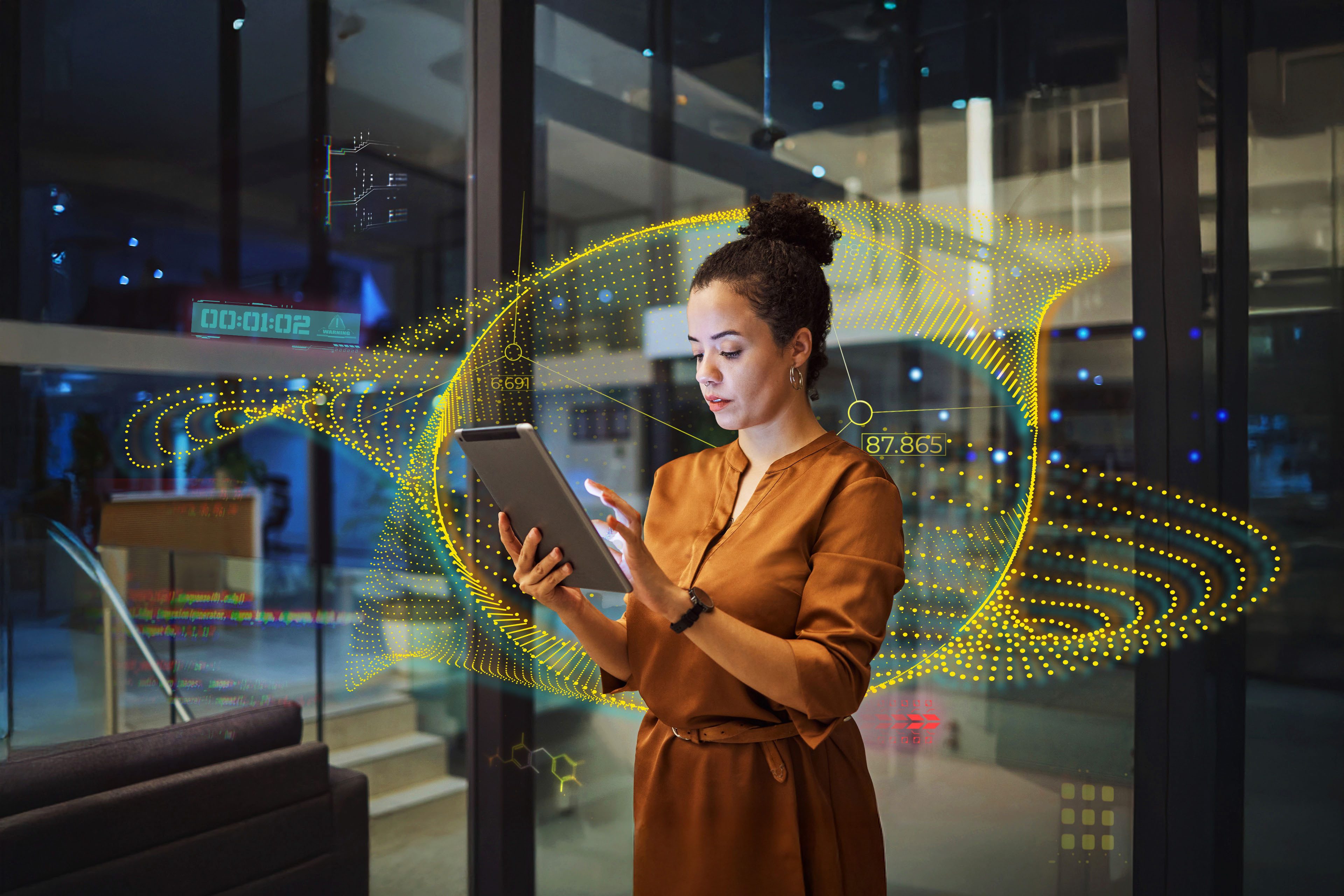 Tablet, working at night and woman employee planning or typing digital strategy in an office.