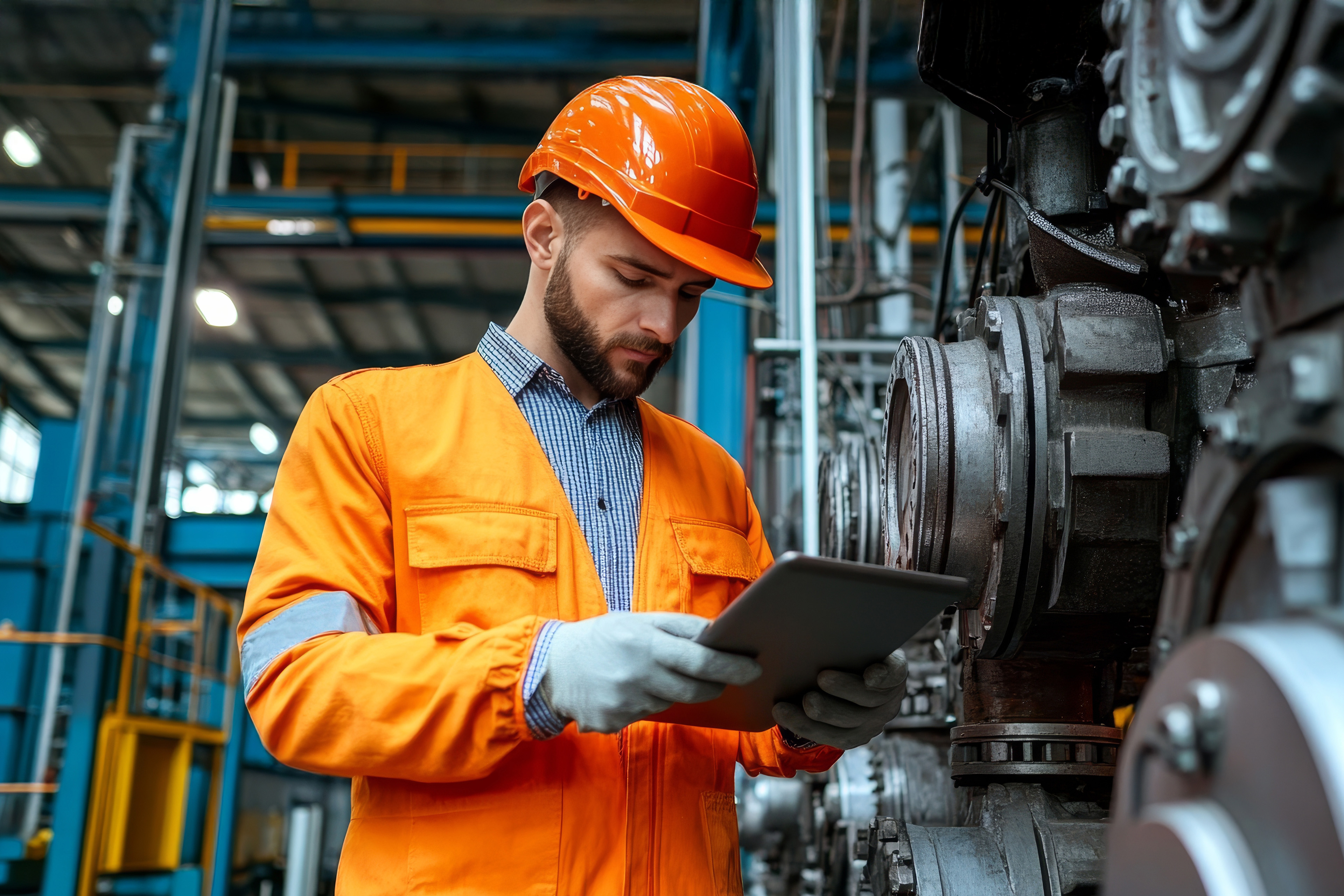Engineer using tablet to monitor machine performance