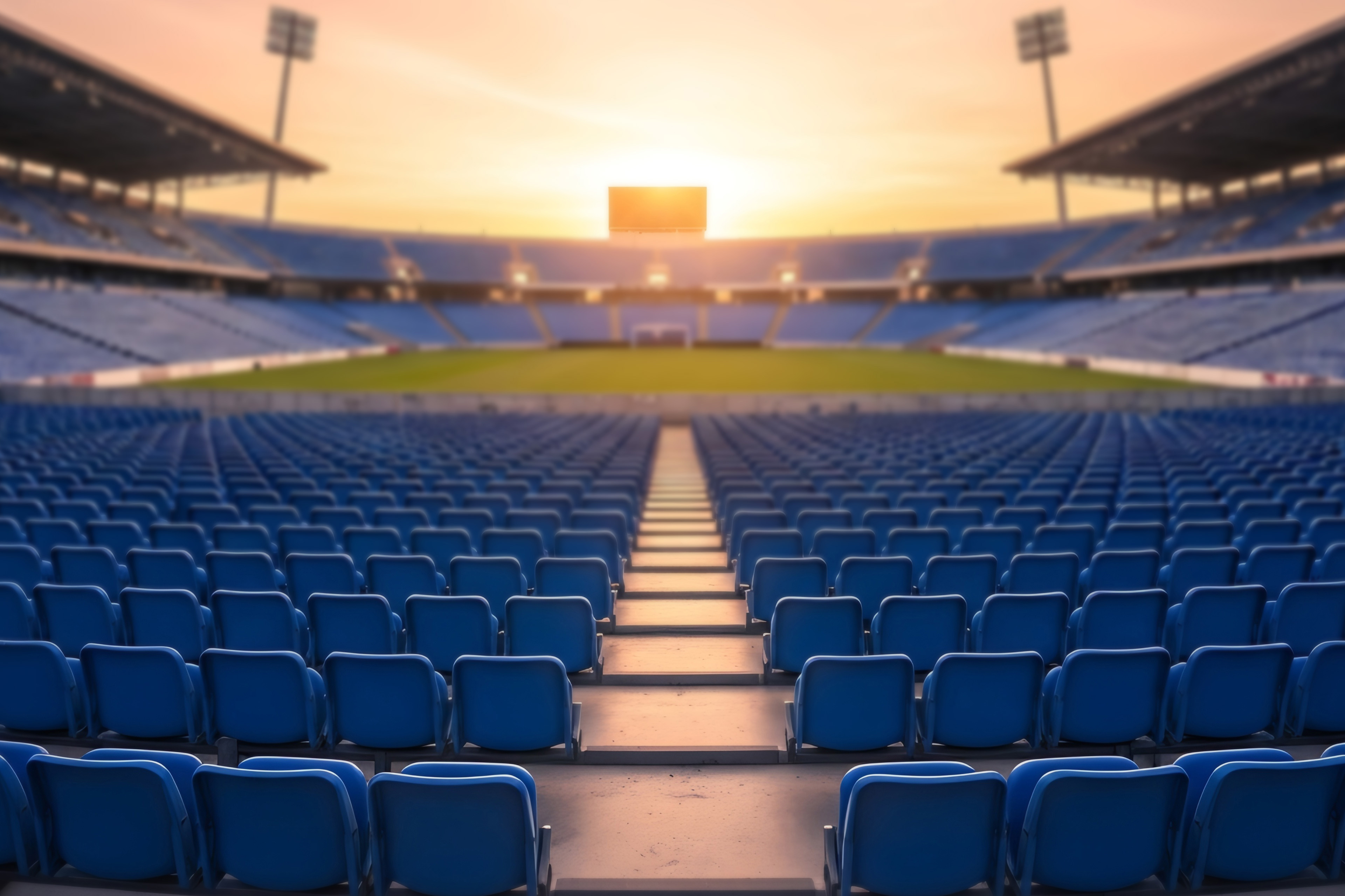An empty stadium with blue seats is captured at sunset.