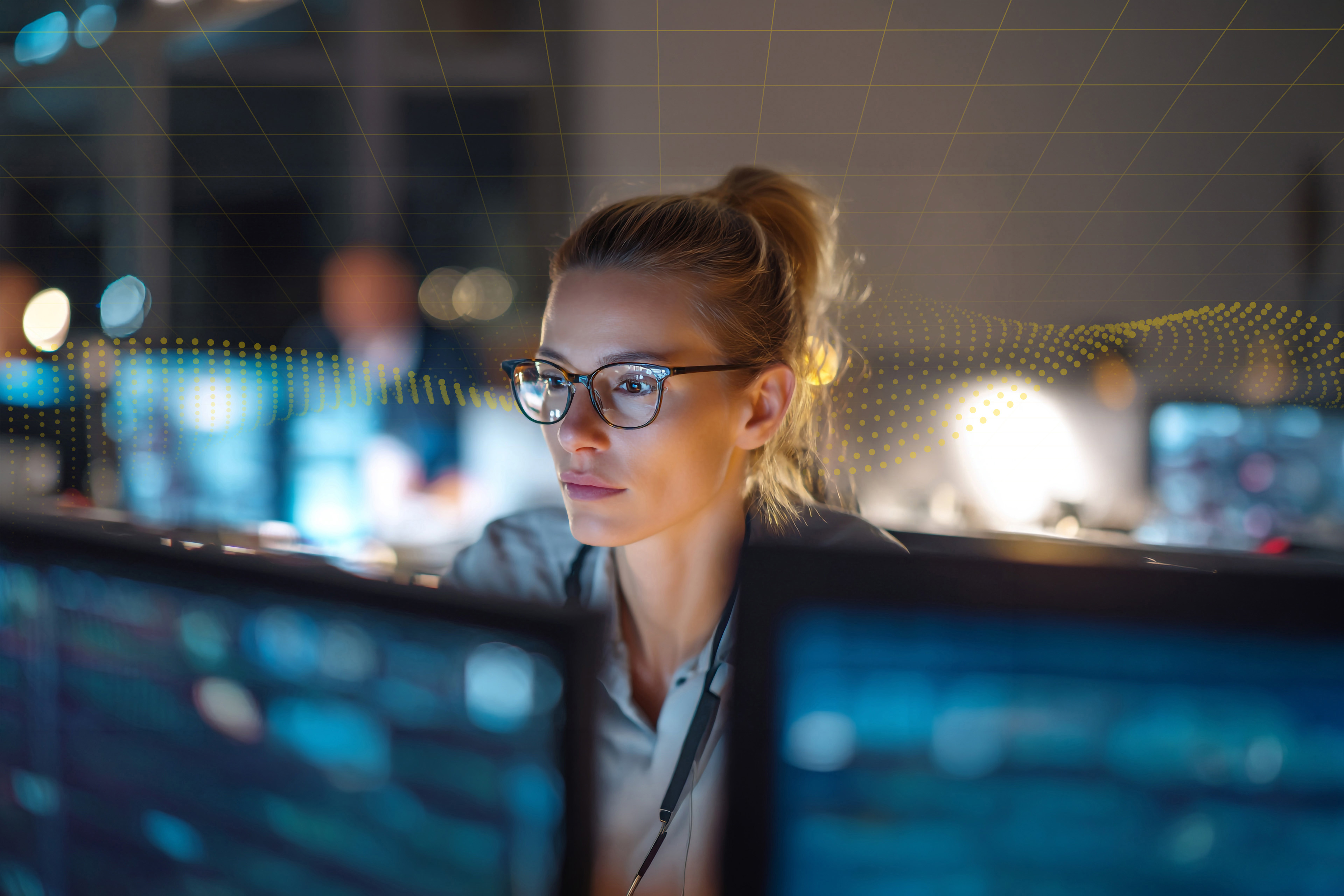 professional woman; glasses; office desk; computer; programming; data analysis; corporate team