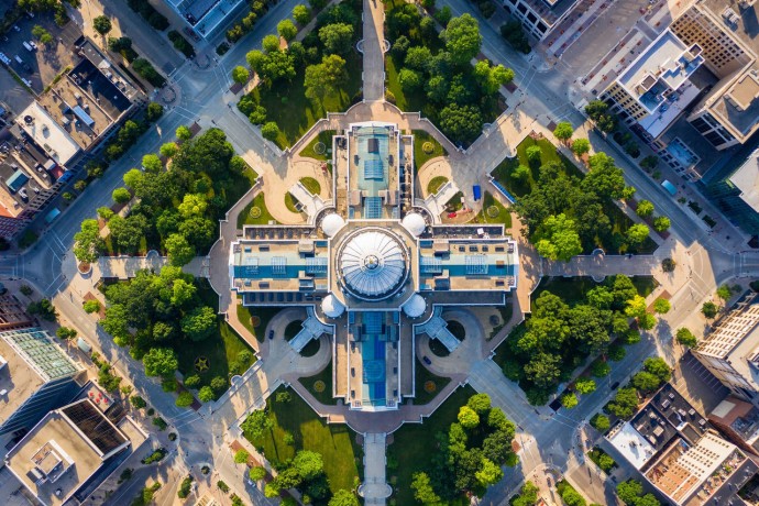 Top down view of capitol building and park in madison wisconsin