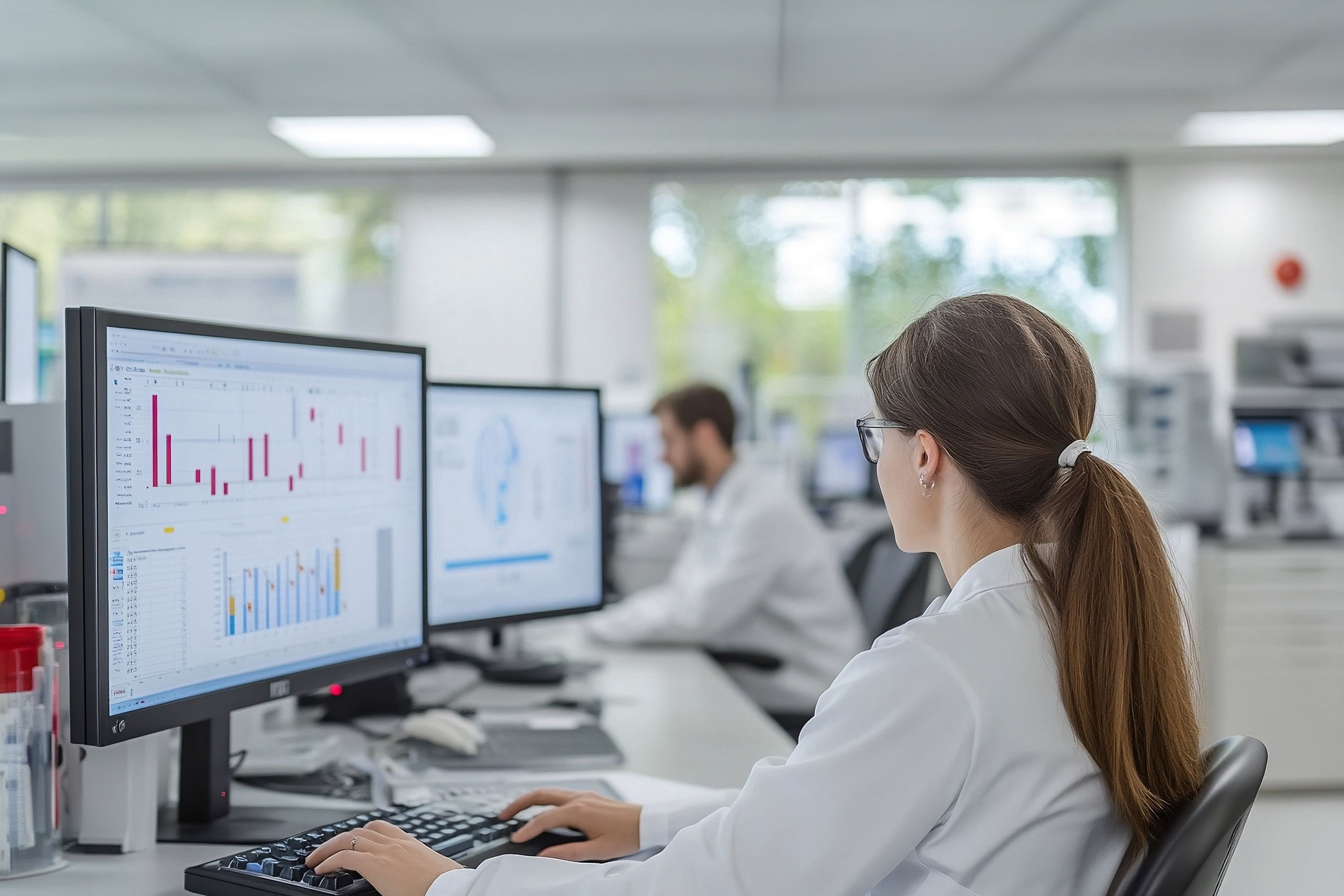 Healthcare professionals accessing and updating electronic health records (EHR) using computer systems, AI