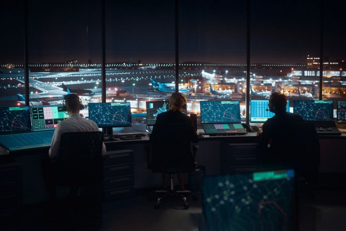 Diverse air traffic control team working in a modern airport tower at night