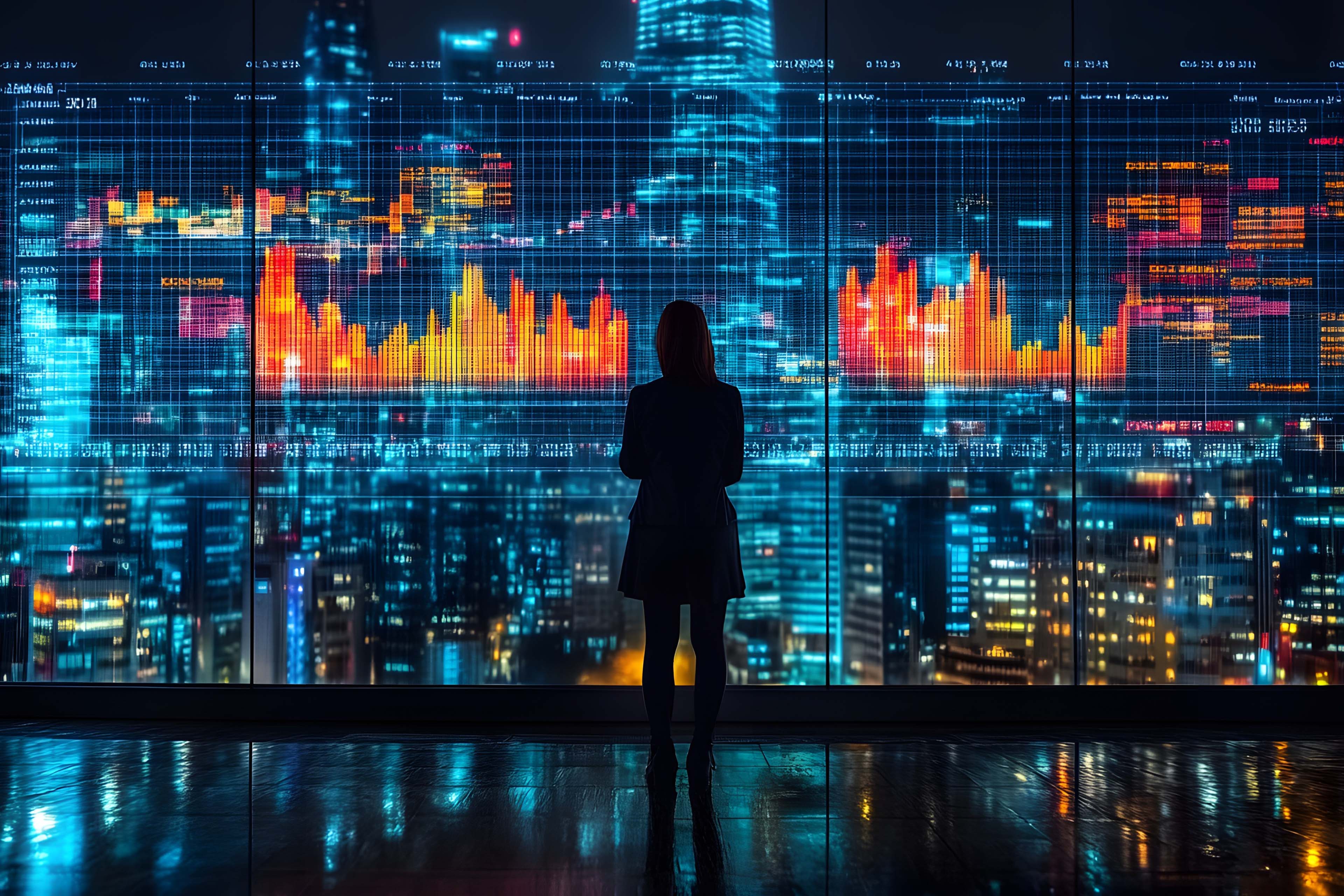 silhouette-businesswoman-analizing-orange-and-red-data-on-window-outlooking-blue-lit-city