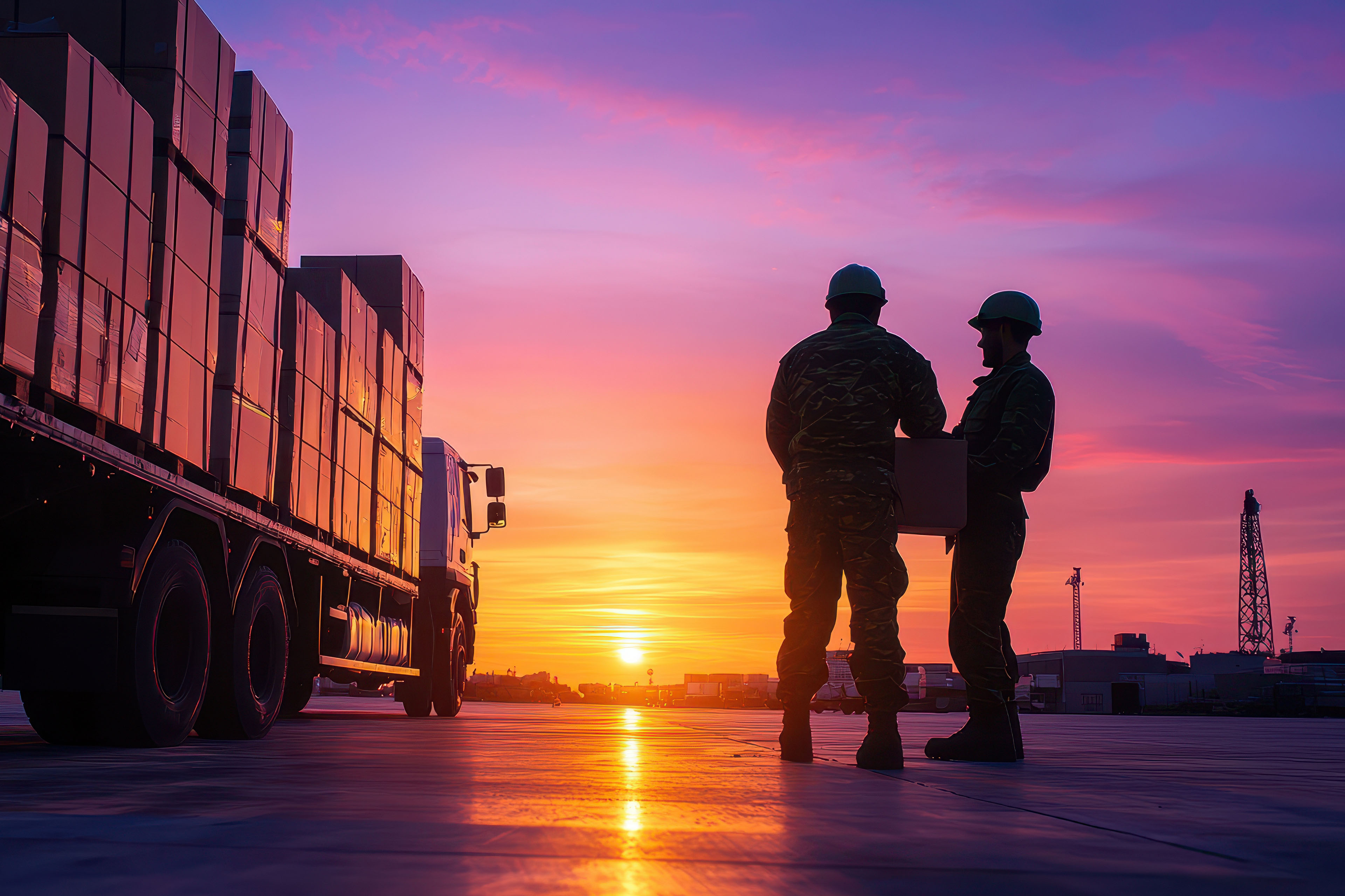 Two male workers working hardhats, carrying boxes to truck in yellow and pink sun set