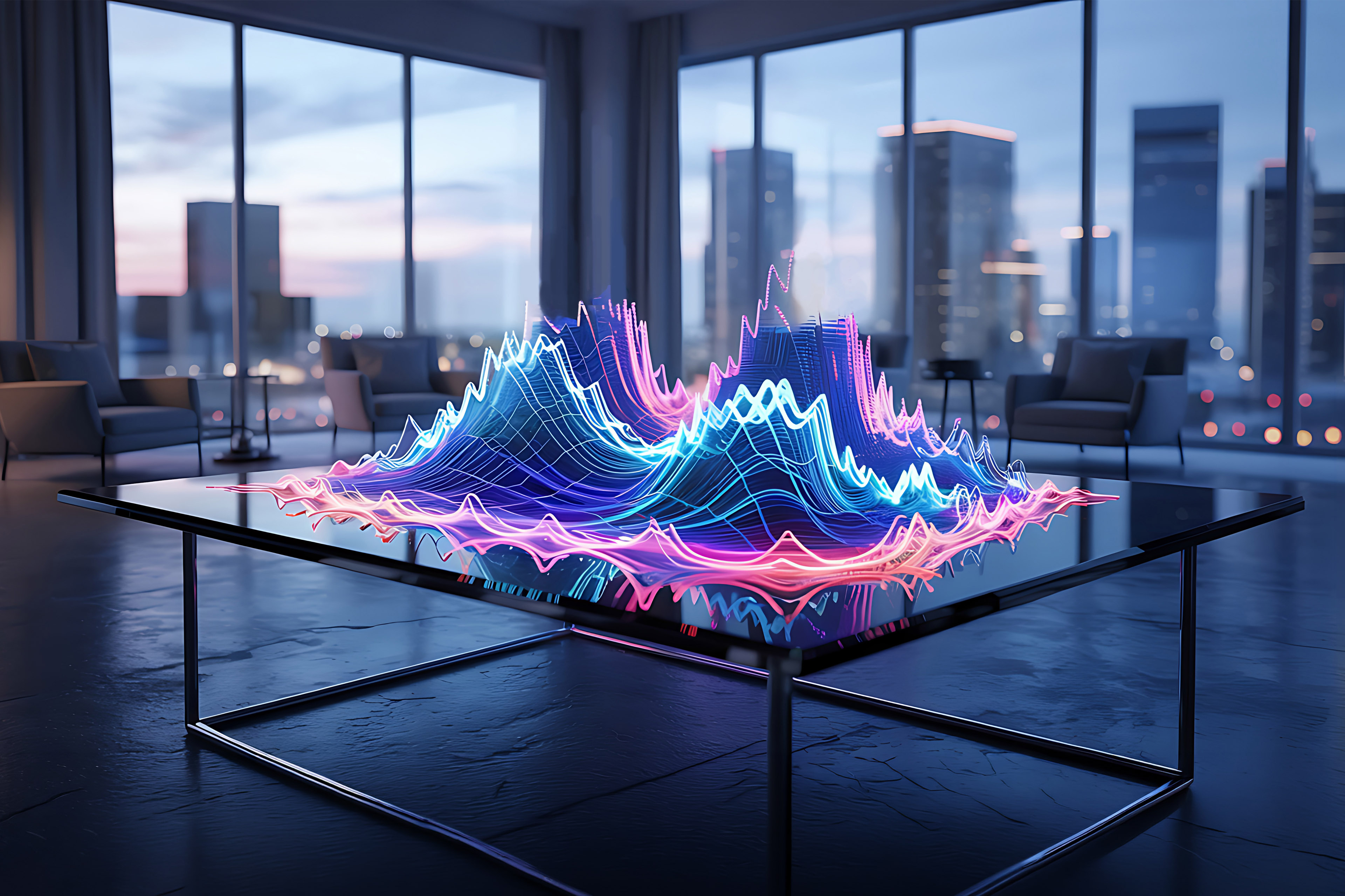 3D graph on modern office table with cityscape visible through large windows.