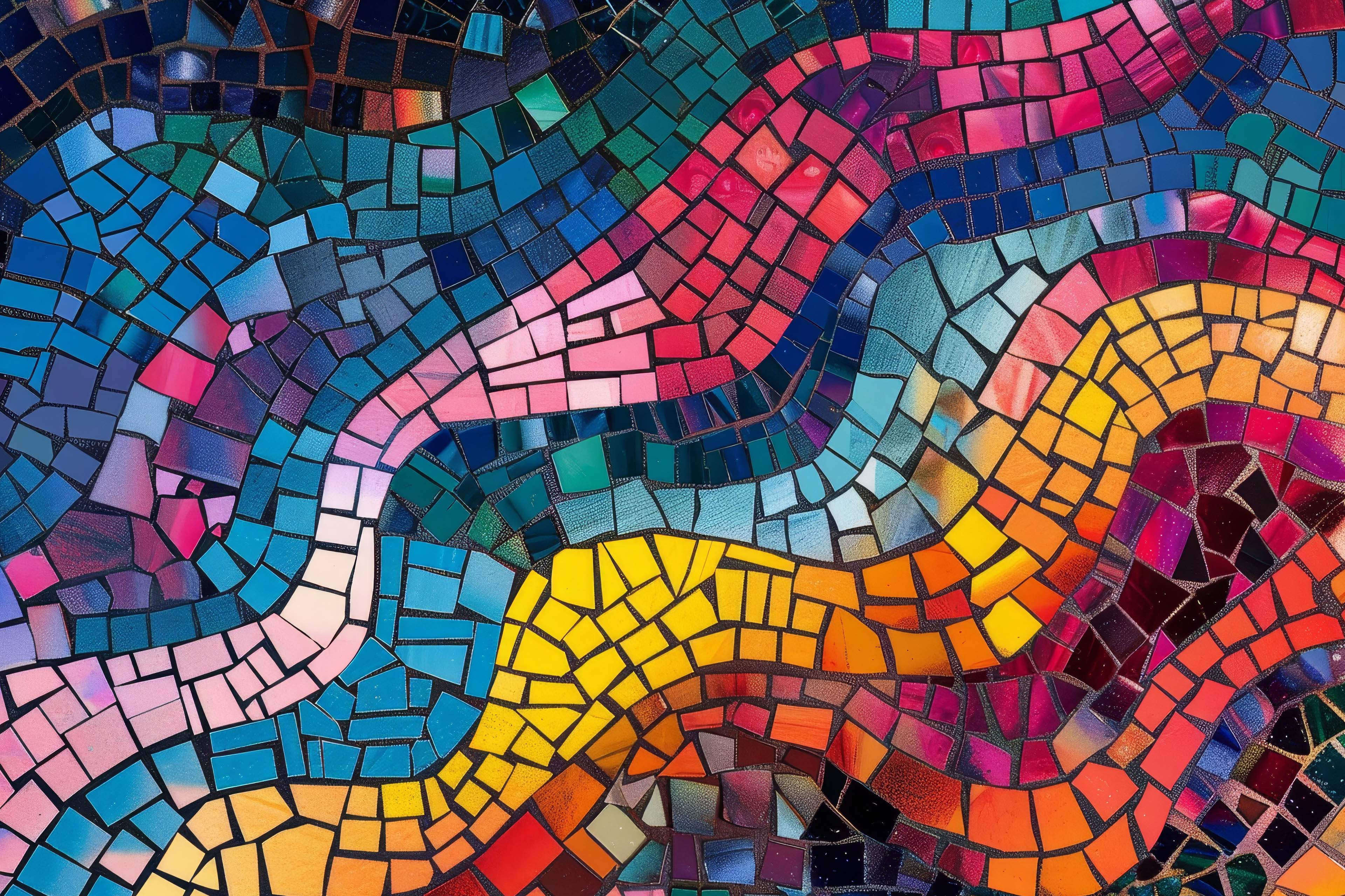 Colorful abstract mosaic artwork with flowing wavy patterns in blue, pink, yellow and orange glass tiles.